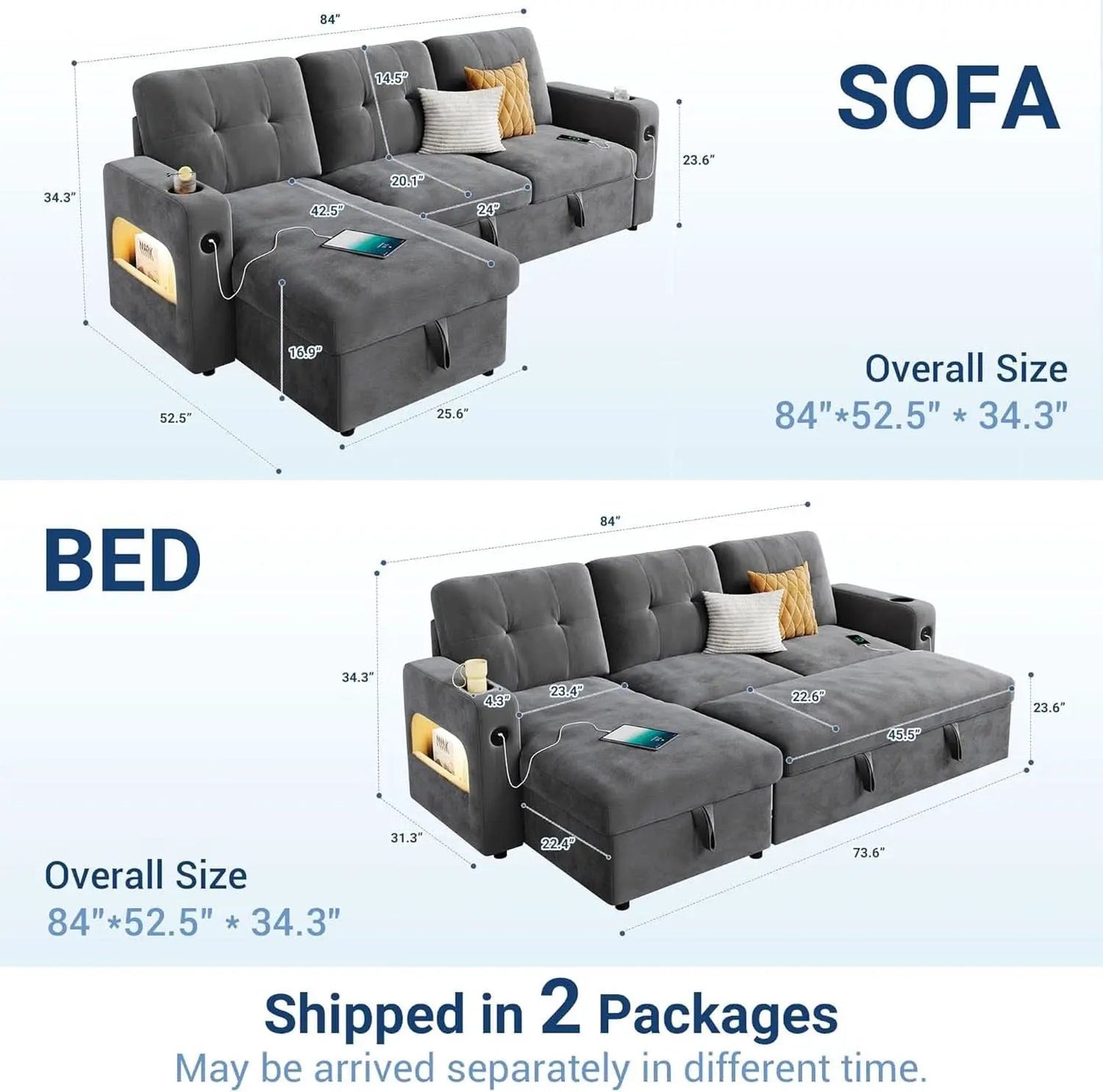 84 Inch Sleeper Sofa Bed Dark Grey Velvet With LED Storage from PriceLows™