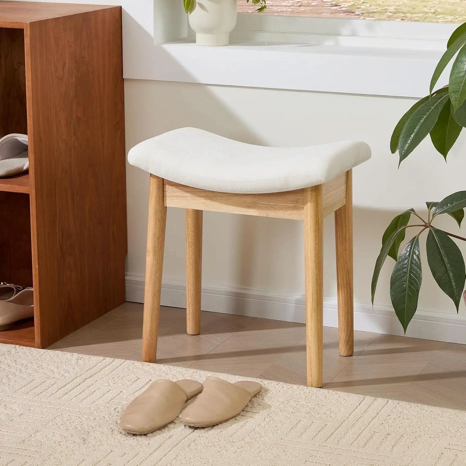 Beige Velvet Upholstered Vanity Stool 18 Inch Chair from PriceLows™