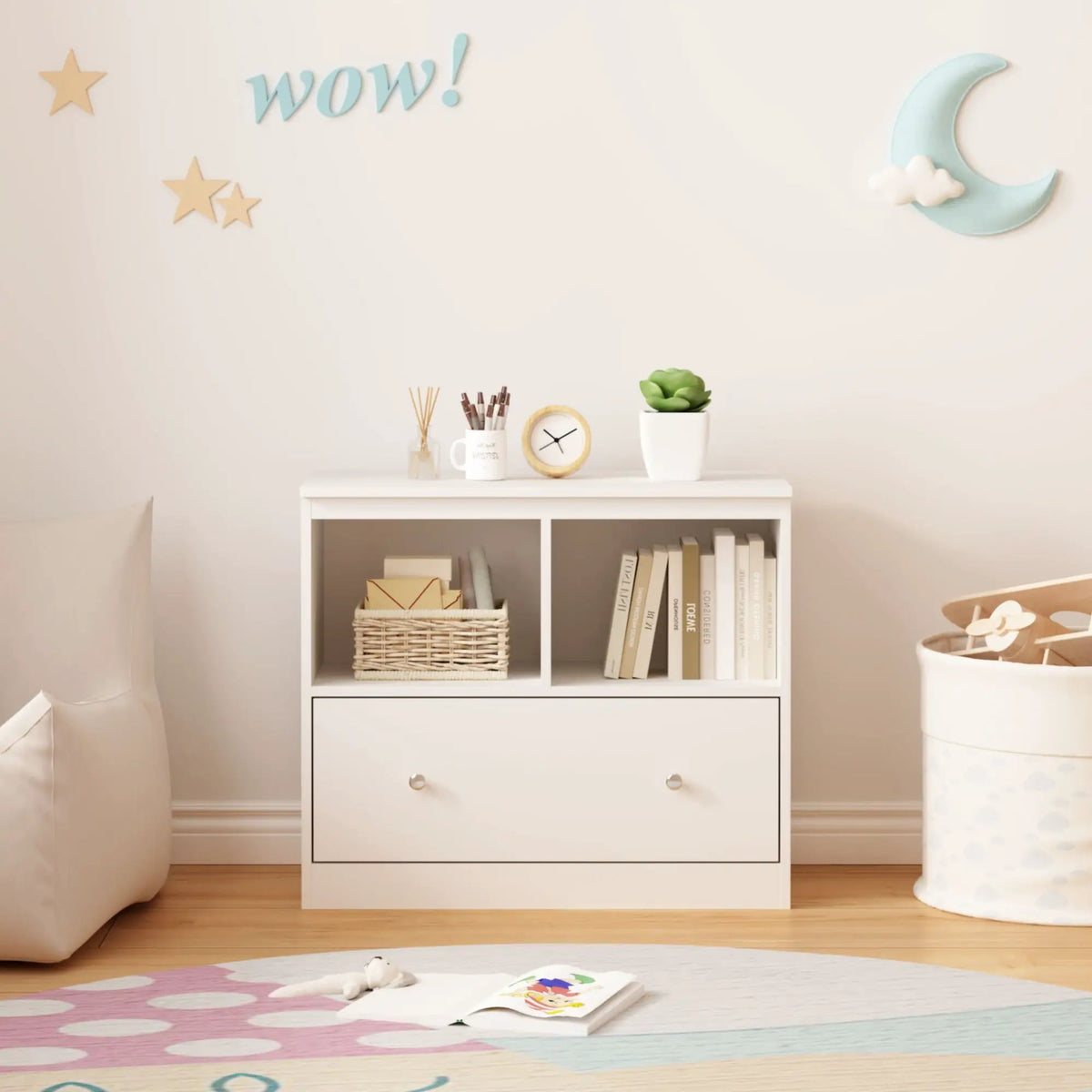 Toy Storage Organizer | 2 Open Shelves | Deep Drawer | White