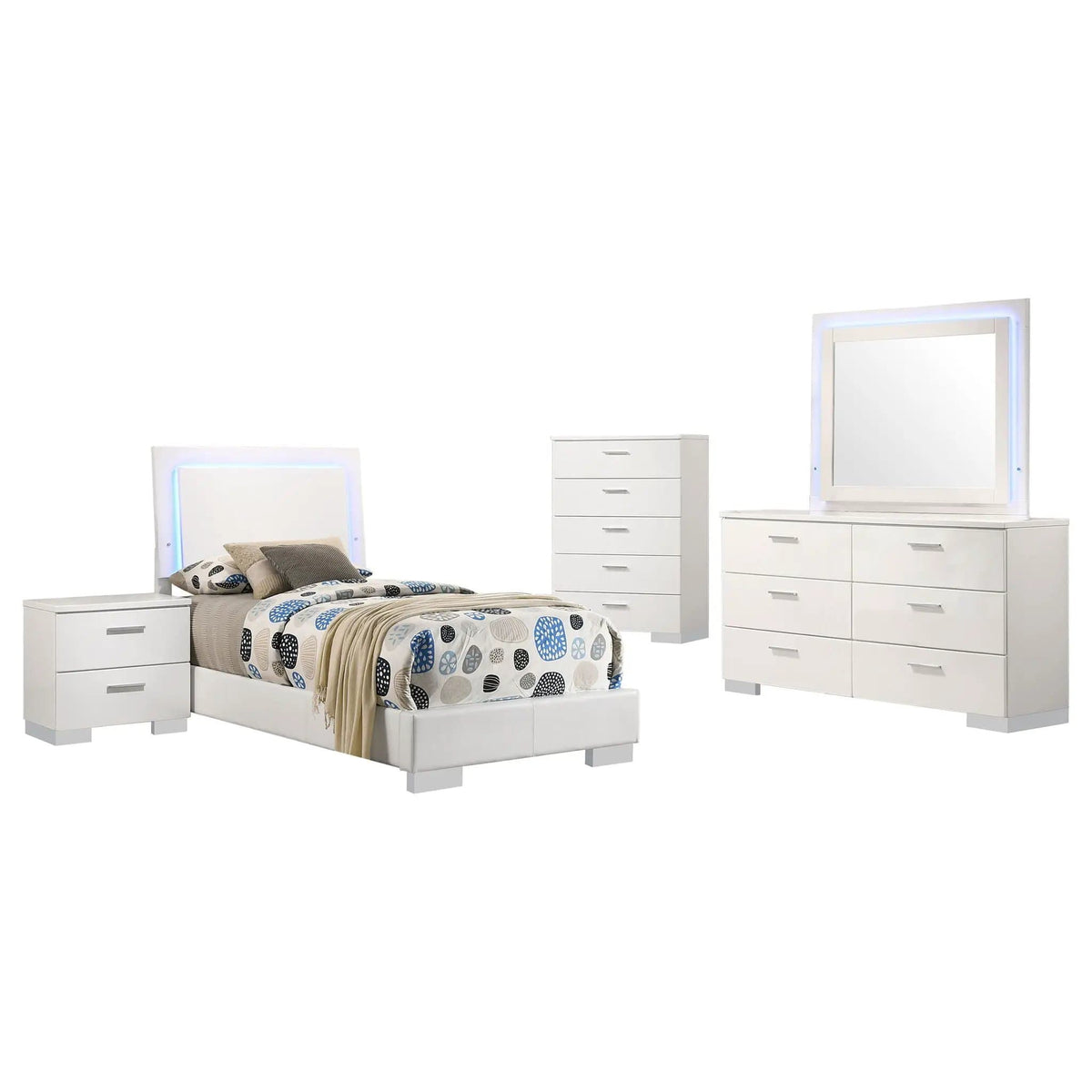 Felicity 5-piece Twin Bedroom Set White High Gloss | 5-Piece Set | Faux Leather | Bedroom