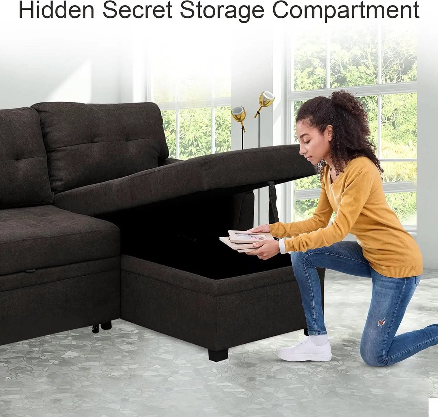 Espresso Velvet Sleeper Sectional Sofa Bed Chaise Set from PriceLows™