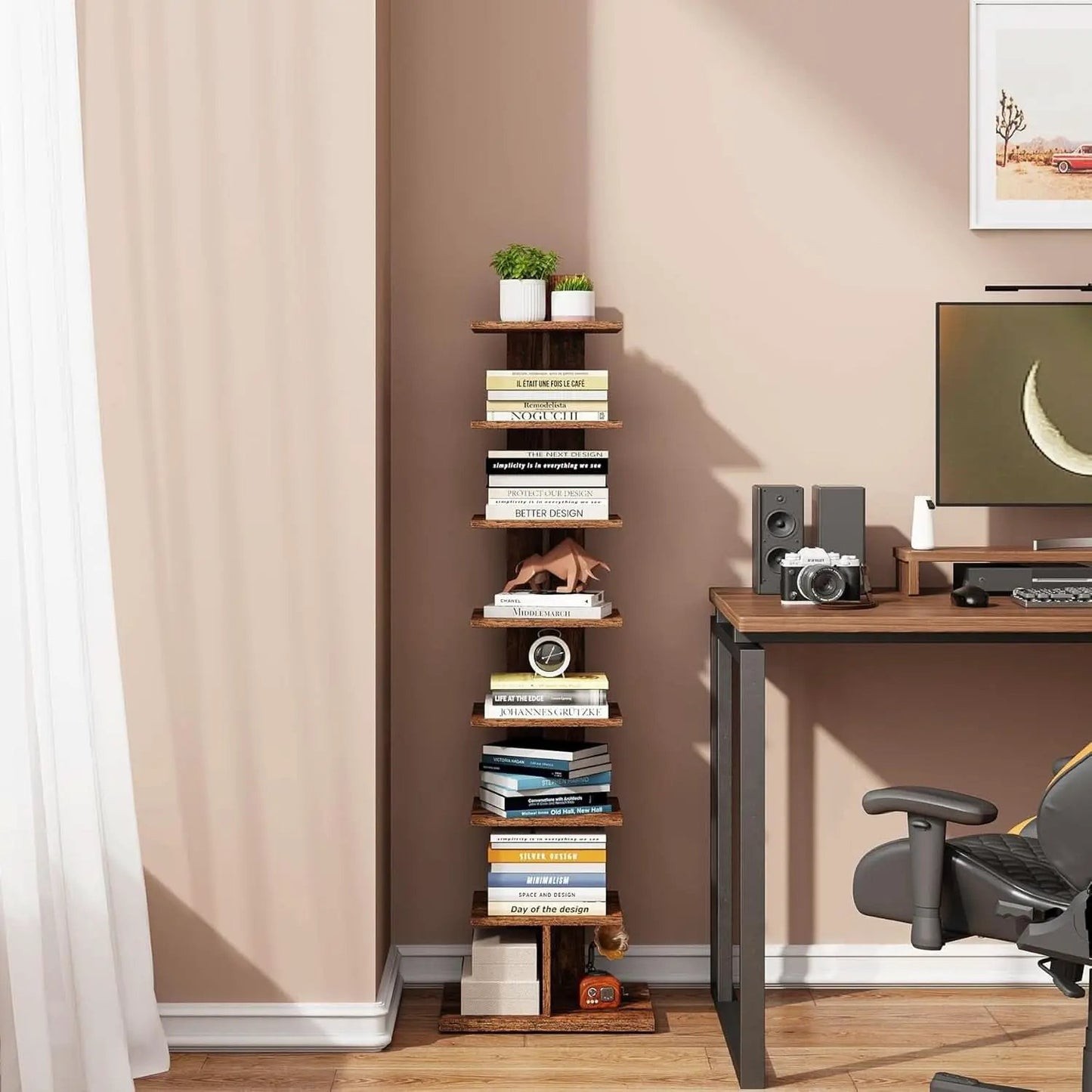 Vertical Bookshelf 8 Tier Rustic Brown Corner Shelf from PriceLows™