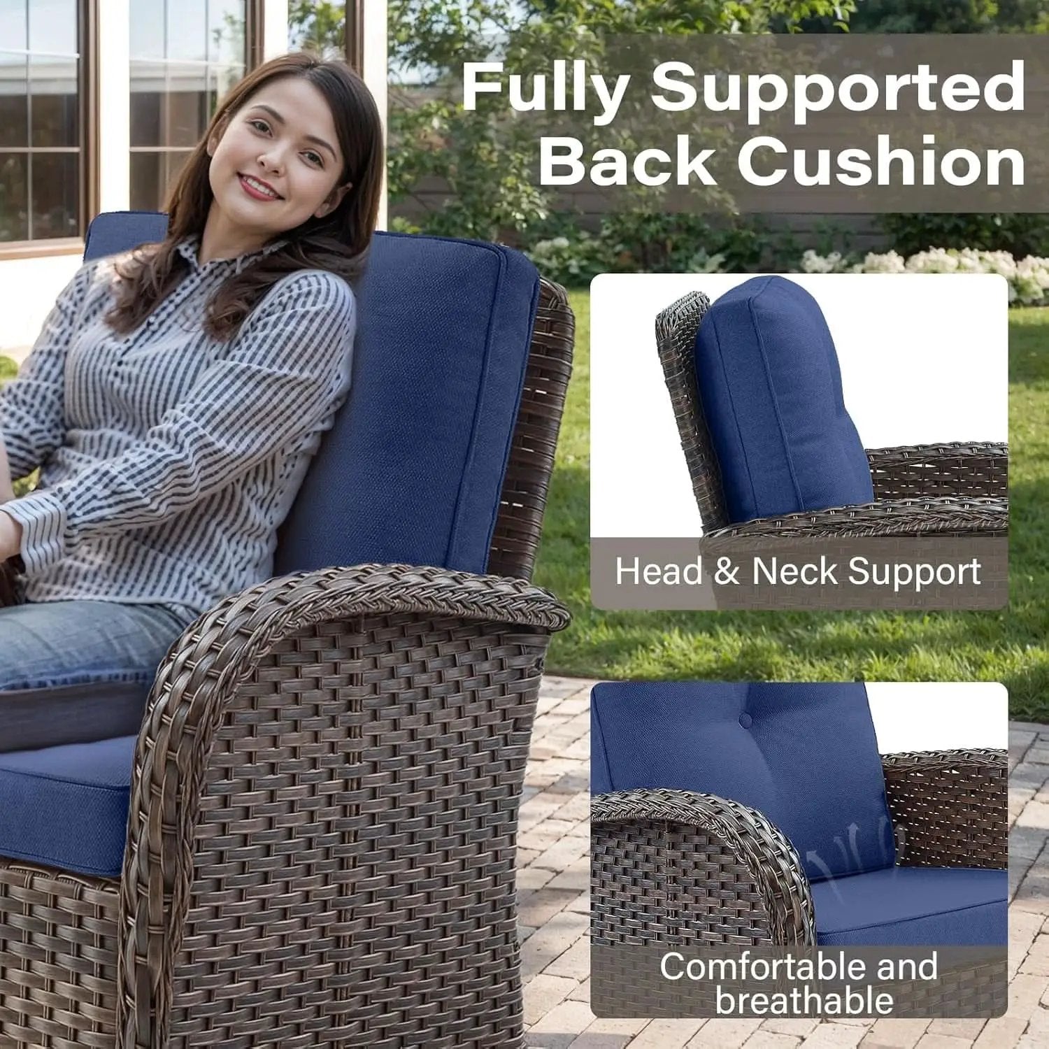 Patio Wicker Swivel Rocker Chairs Set Of 2 With Glass Top Side Table Brown Blue from PriceLows™