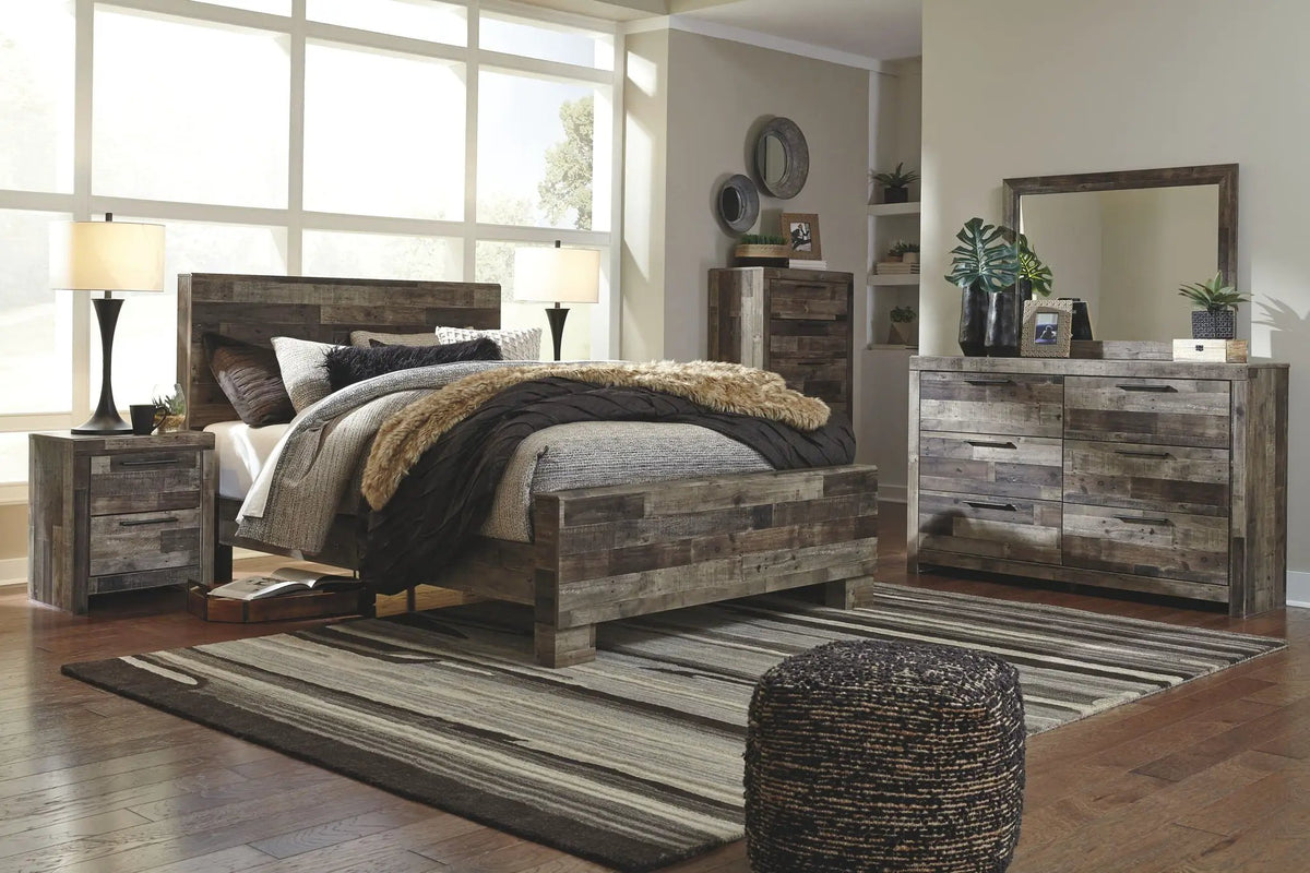 Derekson Panel Bedroom Set | 4-Piece | Rustic Butcher Block Finish | Replicated Pine Grain