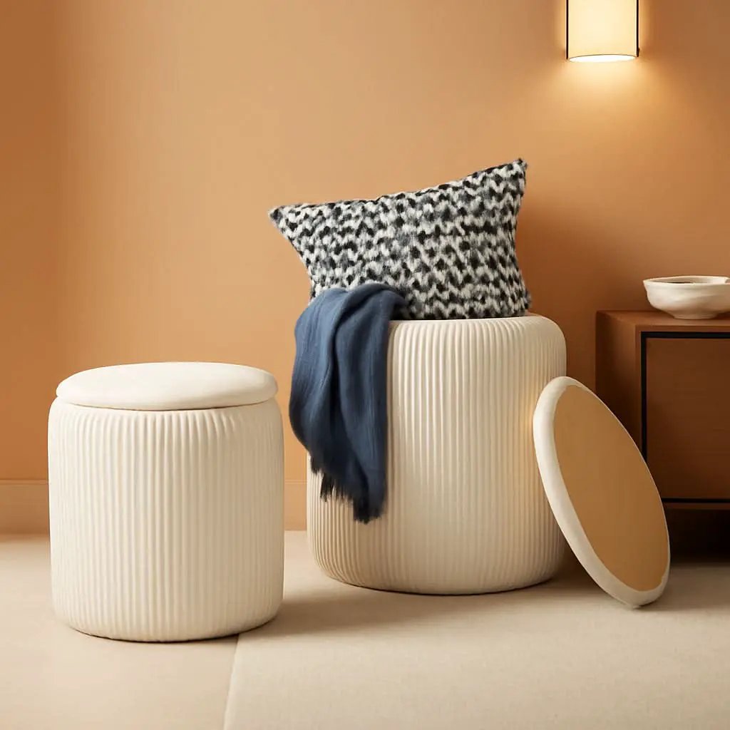 White Velvet Upholstered Storage Ottoman Vanity Set from PriceLows™