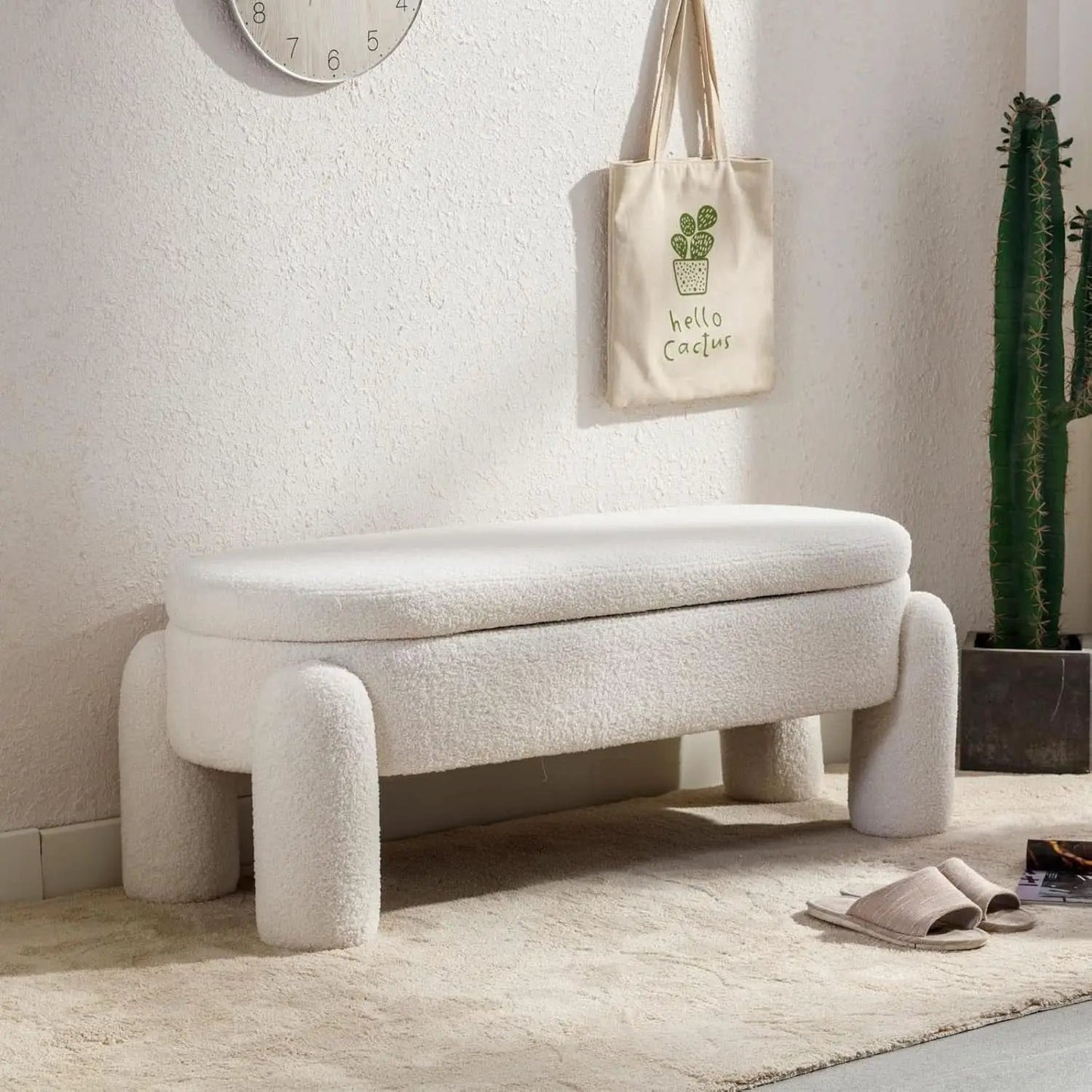 44.7-Inch White Boucle Upholstered Storage Ottoman Bench from PriceLows™