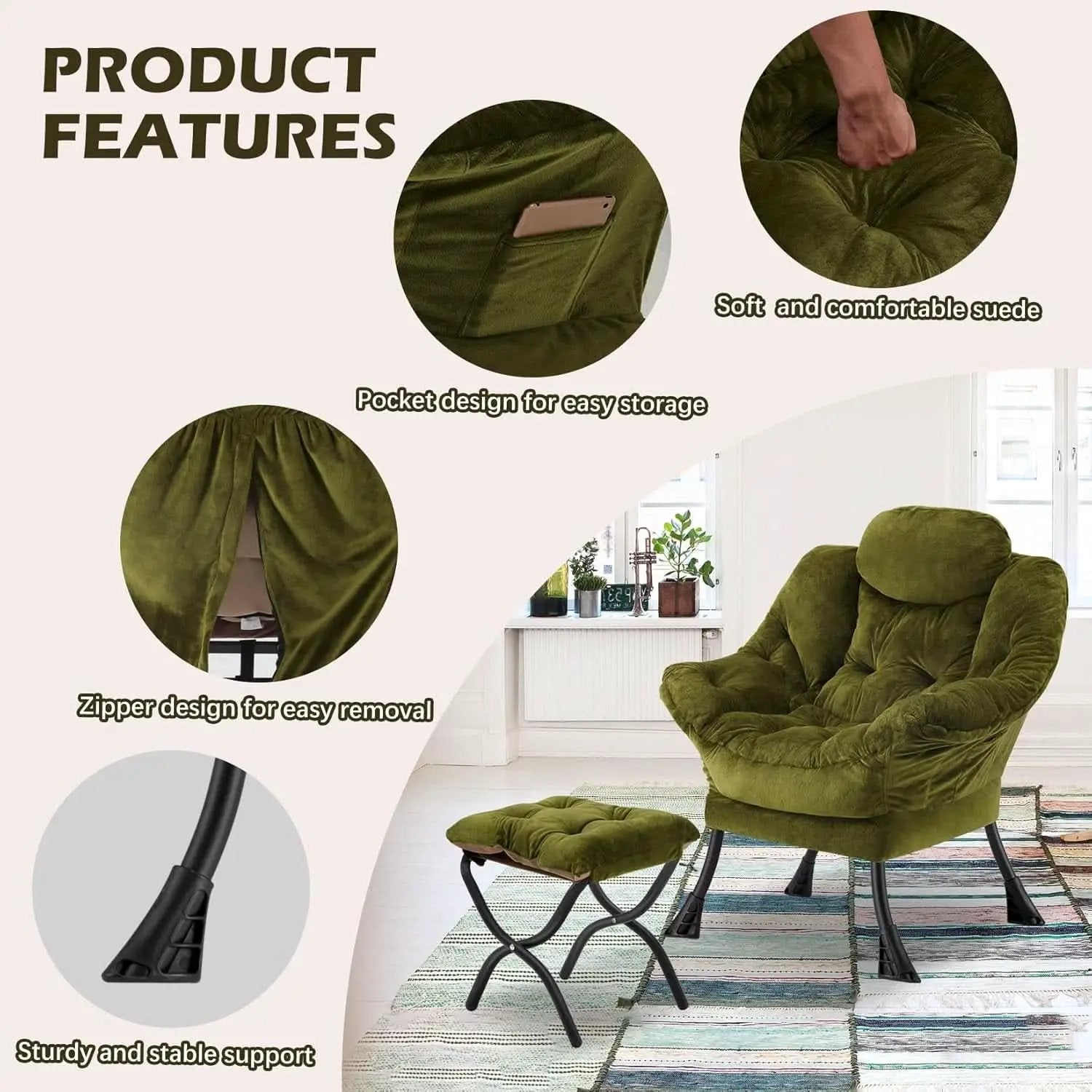 Plush Green Folding Ottoman Lounge Chair With Footrest from PriceLows™