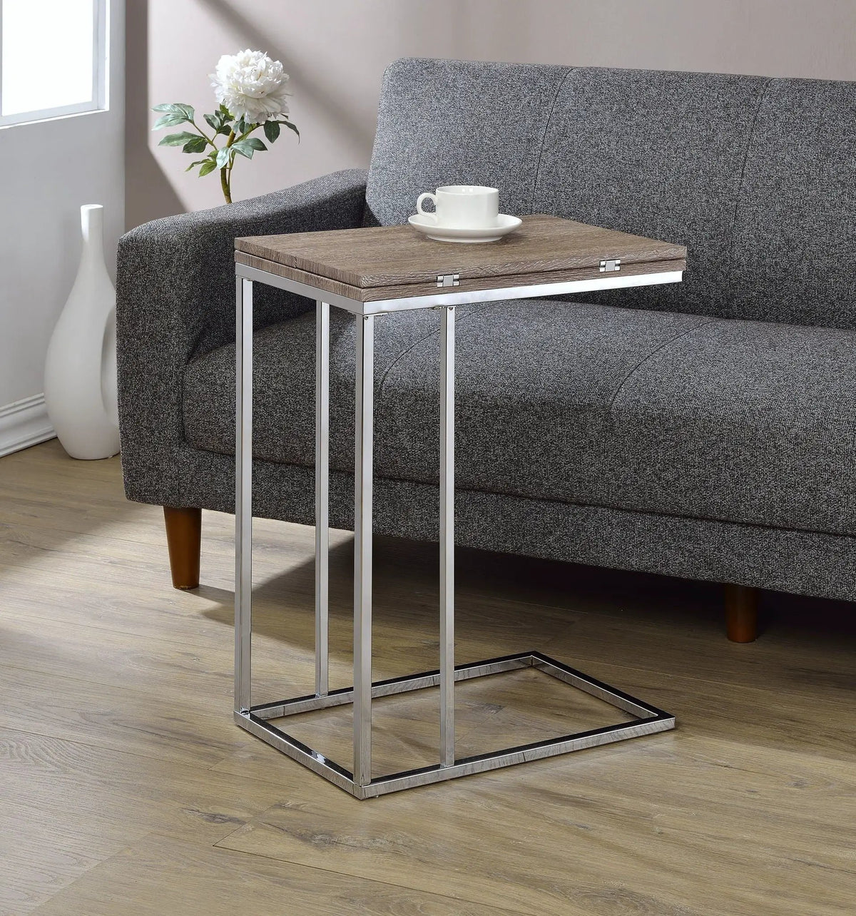 Danson Weathered Accent Table | Oak Finish | Folding Swivel Extension Top | Geometric Metal Base