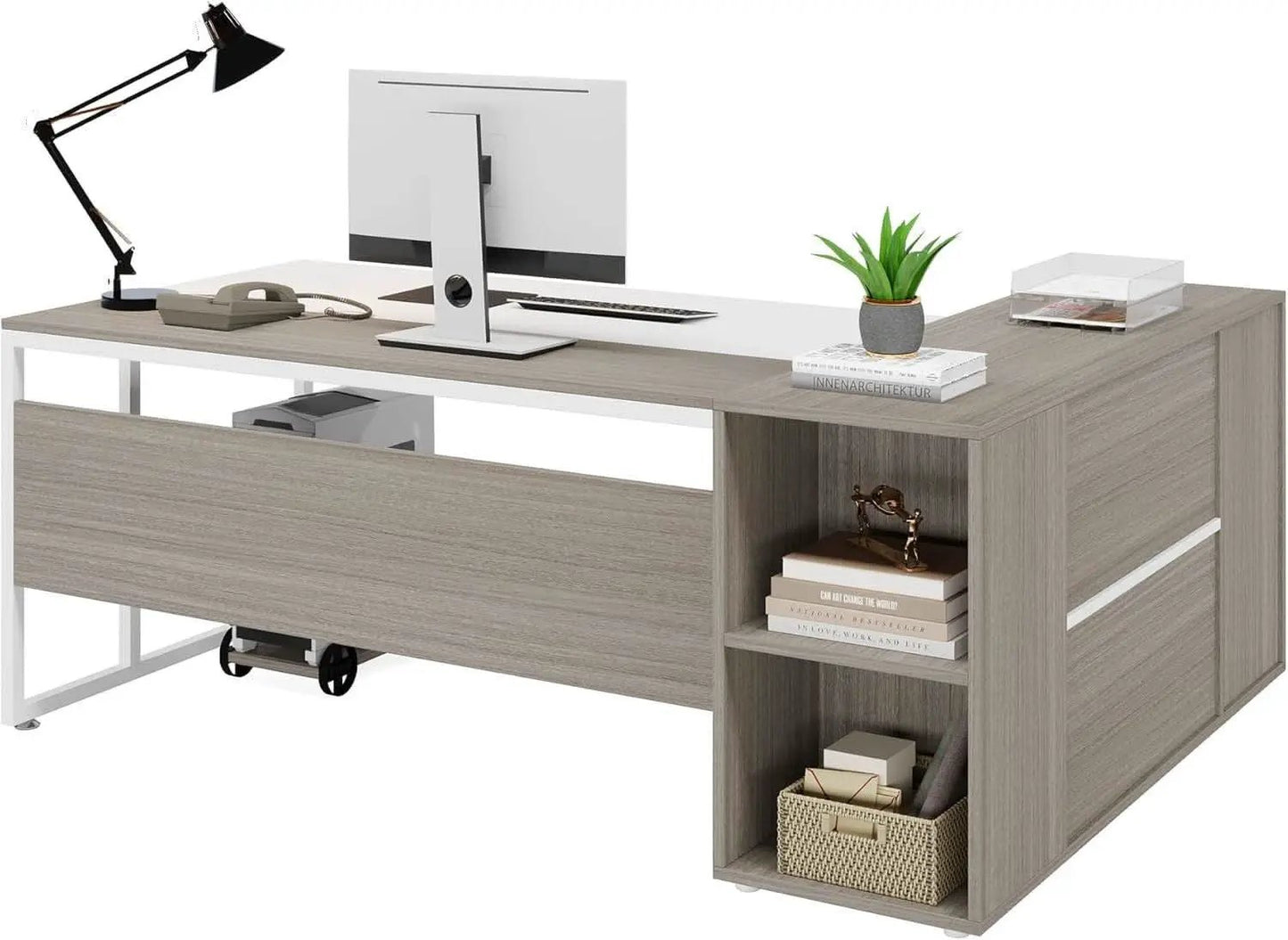 71 Inch Executive L Shaped Desk Cabinets Gray And White from PriceLows™