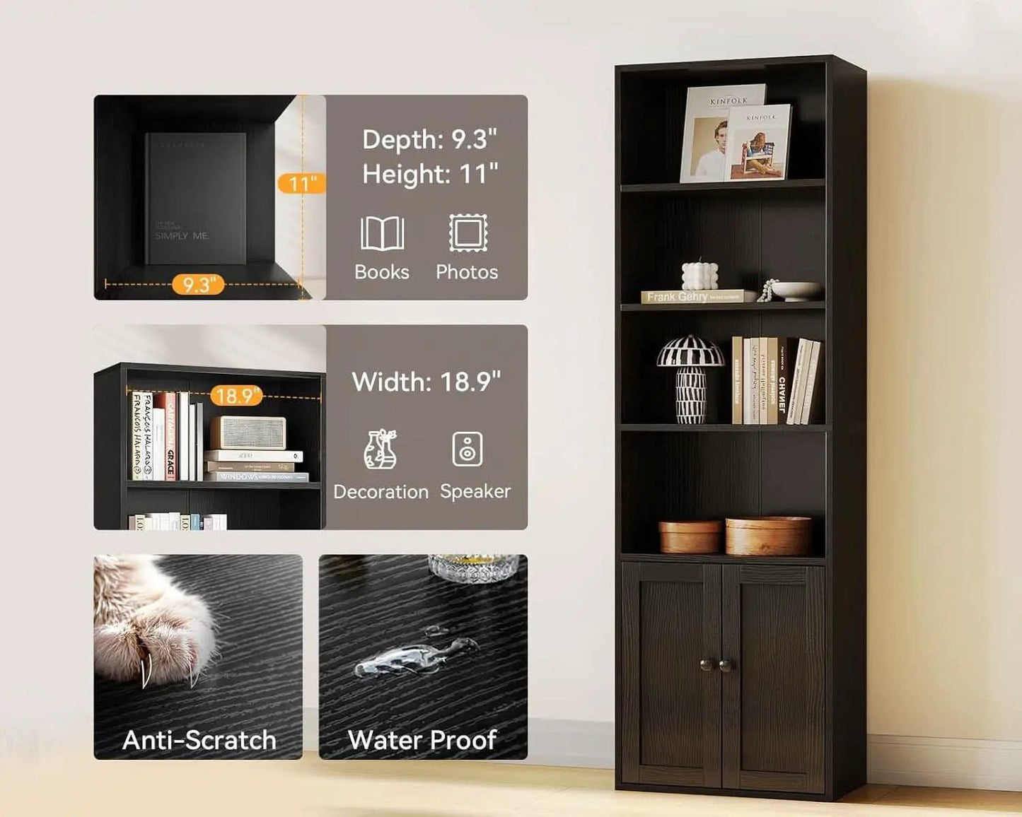 Black Six Tier Floor Standing Bookshelf With Doors from PriceLows™