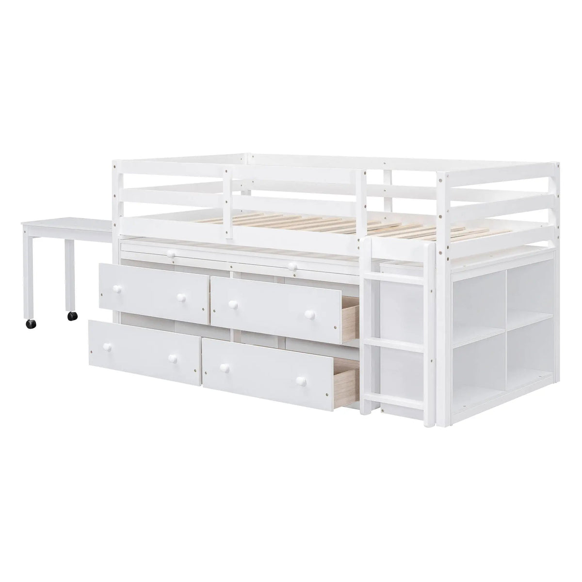 Loft Bed With Retractable Desk | 4 Front Drawers | Lateral Portable Desk | Side Shelves