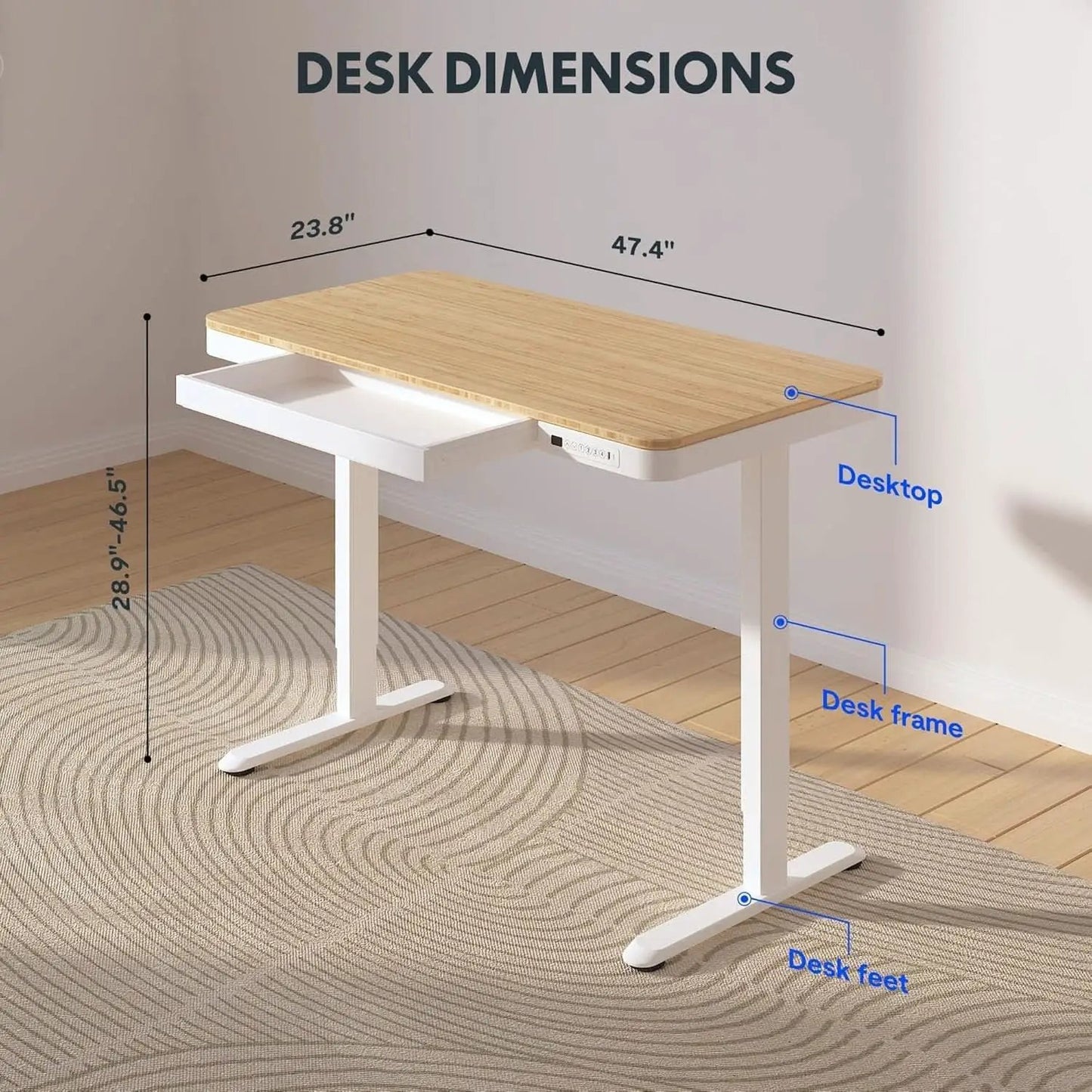 Electric Standing Desk USB Ports And Drawer Bamboo White from PriceLows™