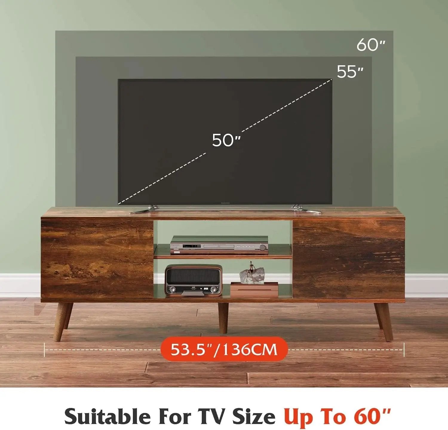 Mid Century TV Stand 55 to 60 Inch Retro Brown Finish from PriceLows™