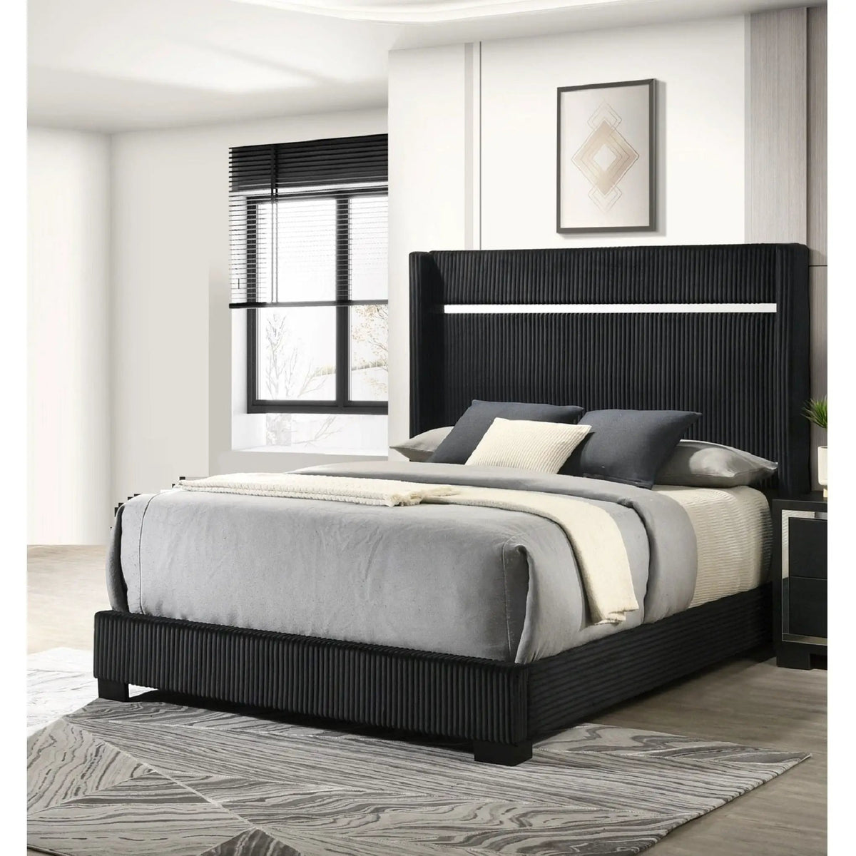Contemporary Upholstered Bed | Tufted Headboard | High Headboard | 88.2 Inch Length
