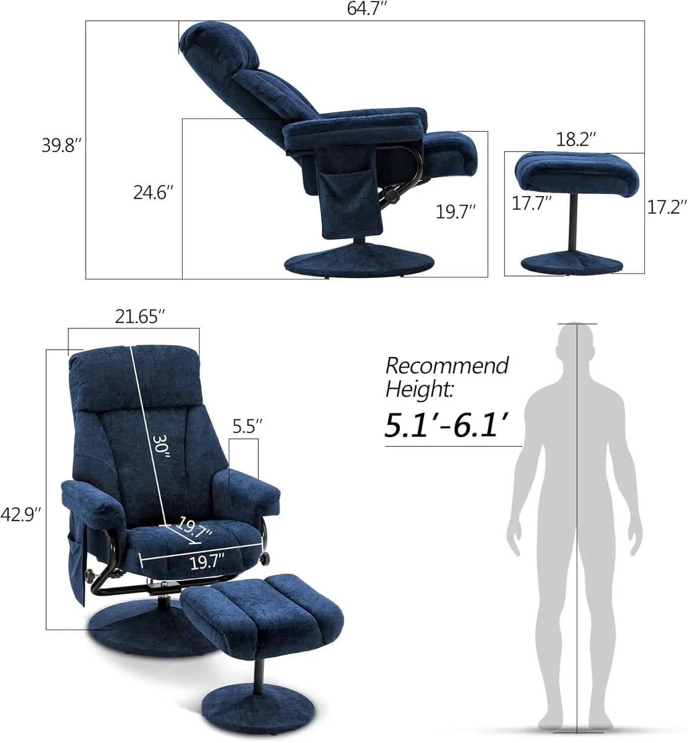 Swivel Recliner With Ottoman And Vibration Massage Blue Textile from PriceLows™