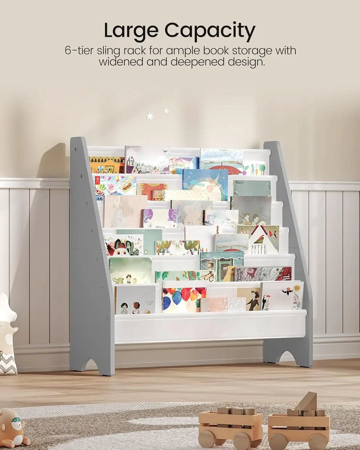 6 Tier Kids Bookshelf White And Gray Sling Book Organizer from PriceLows™
