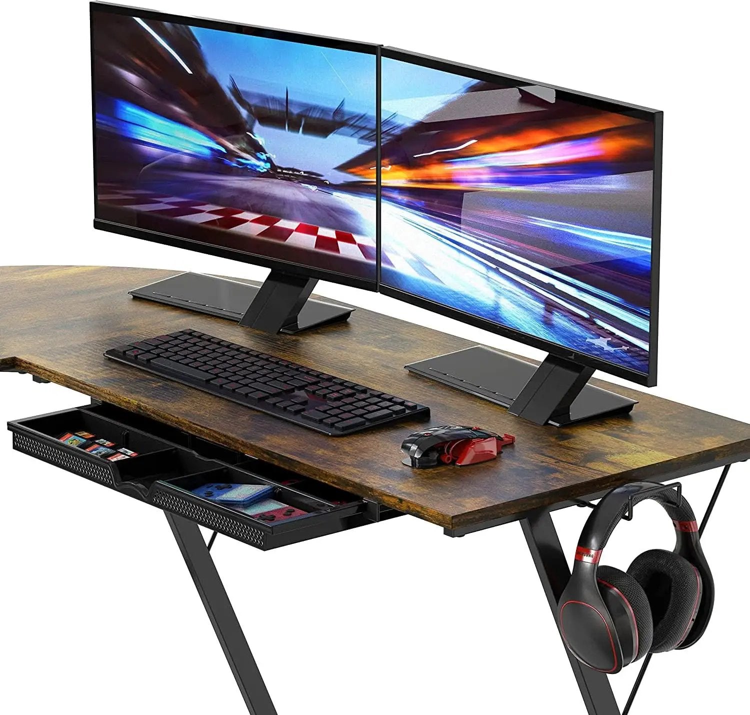 Vista Rustic Brown L Shaped Desk With Monitor Stand from PriceLows™
