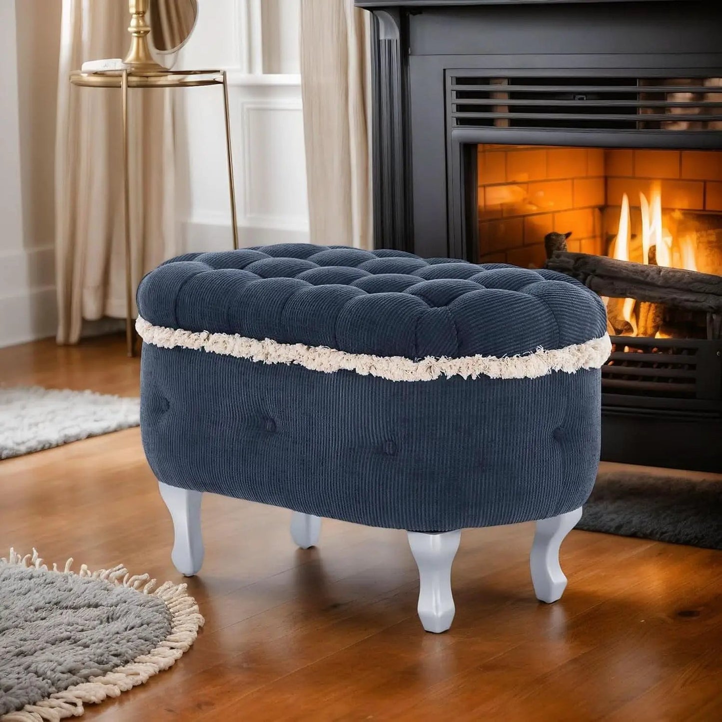 Blue 29.5 Inch Upholstered Storage Ottoman Cushion from PriceLows™