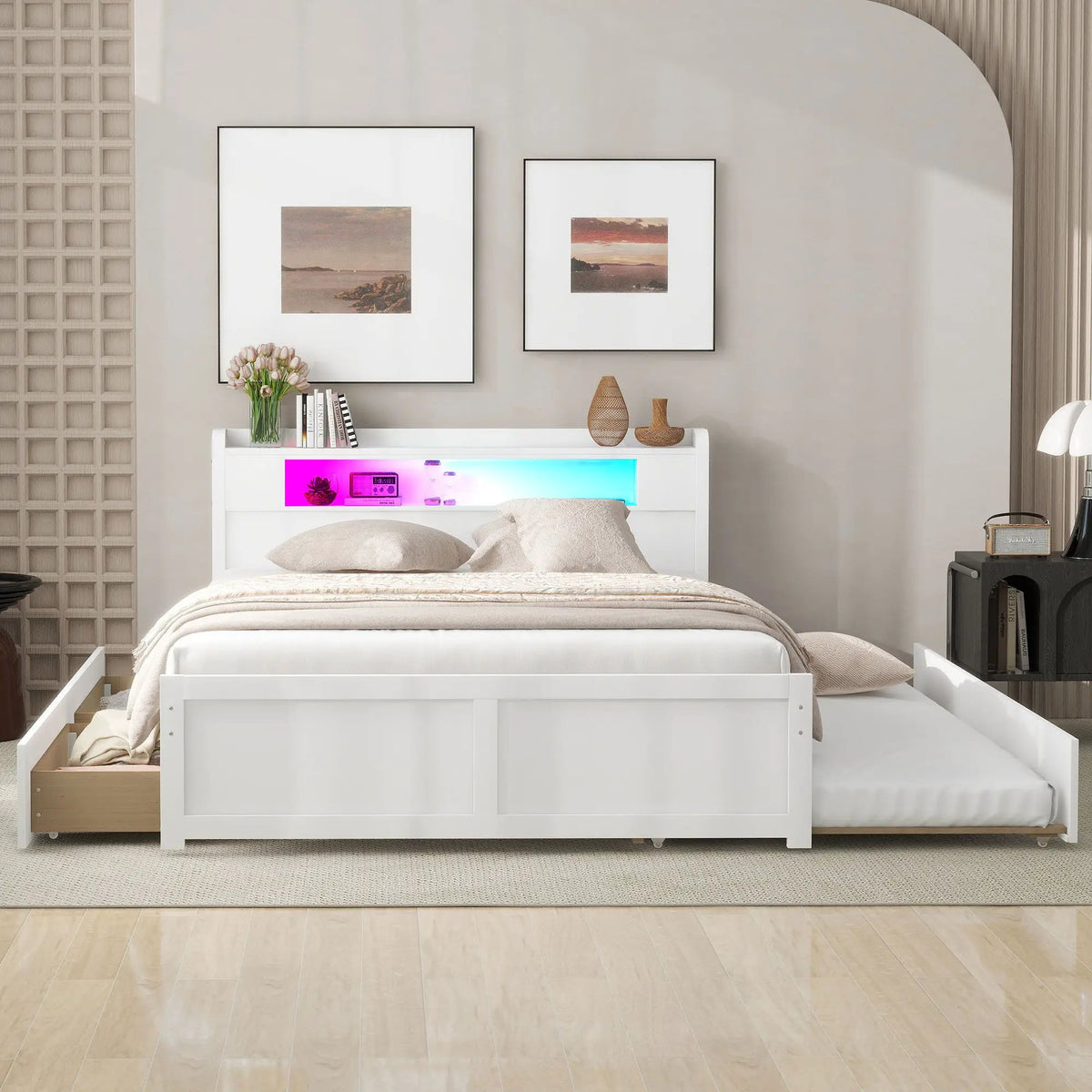 Storage Platform Bed | Color Changing LED Lights | Twin Trundle | 2 Drawers