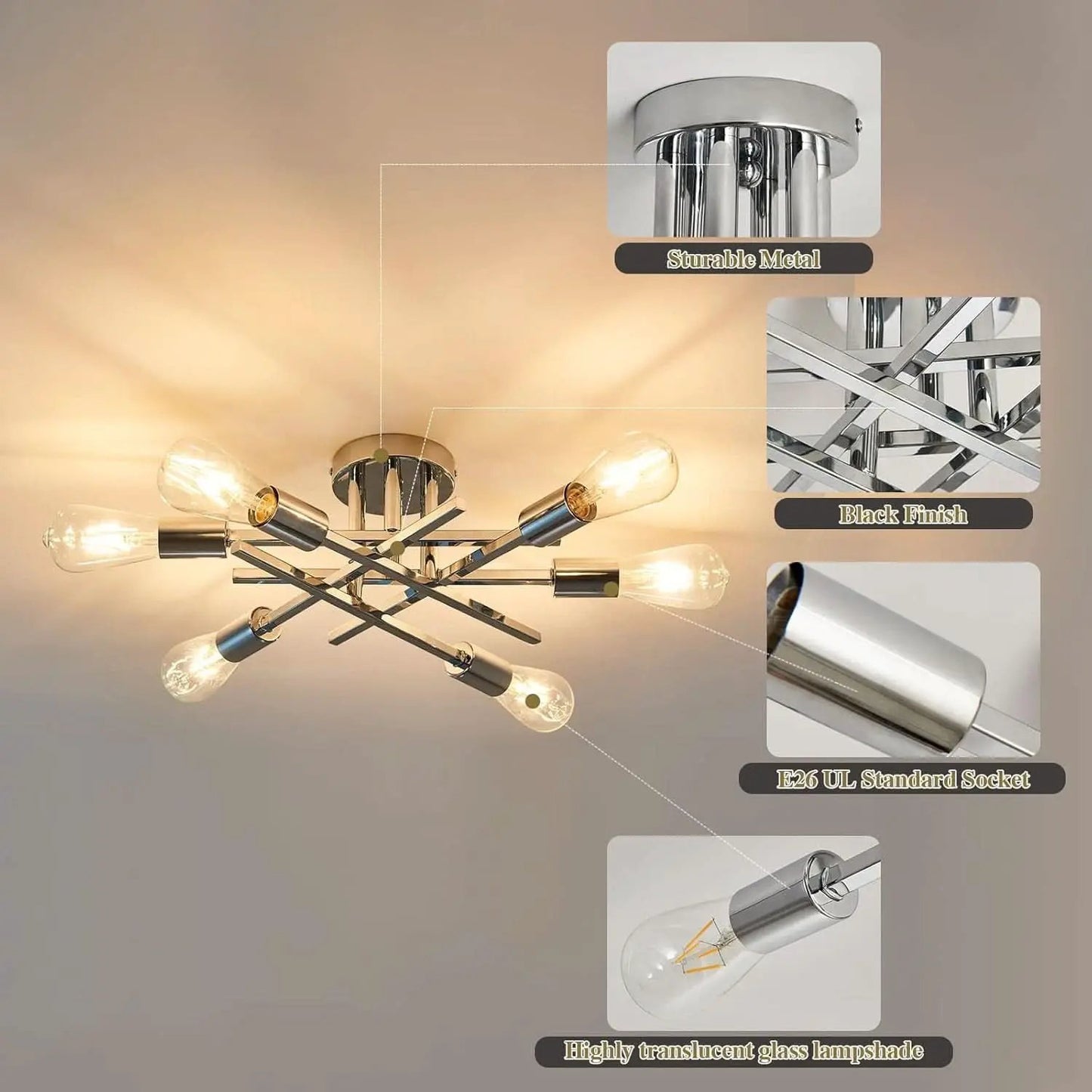 6 Light Chrome Sputnik Chandelier Semi Flush Mount Ceiling Light from PriceLows™
