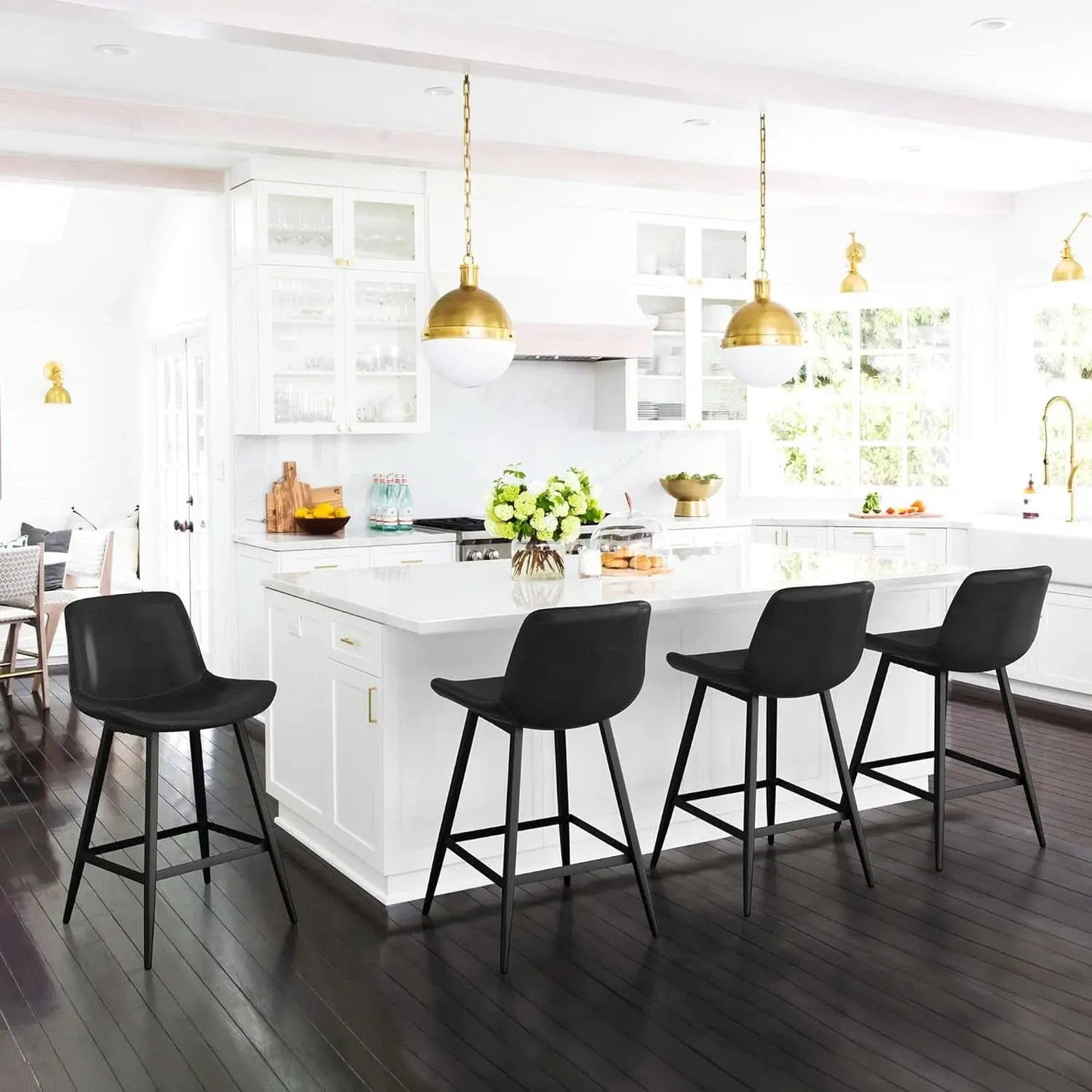 24 Inch Modern Bucket Bar Stool Set Of 3 With Back And Footrest In Faux Leather Black from PriceLows™