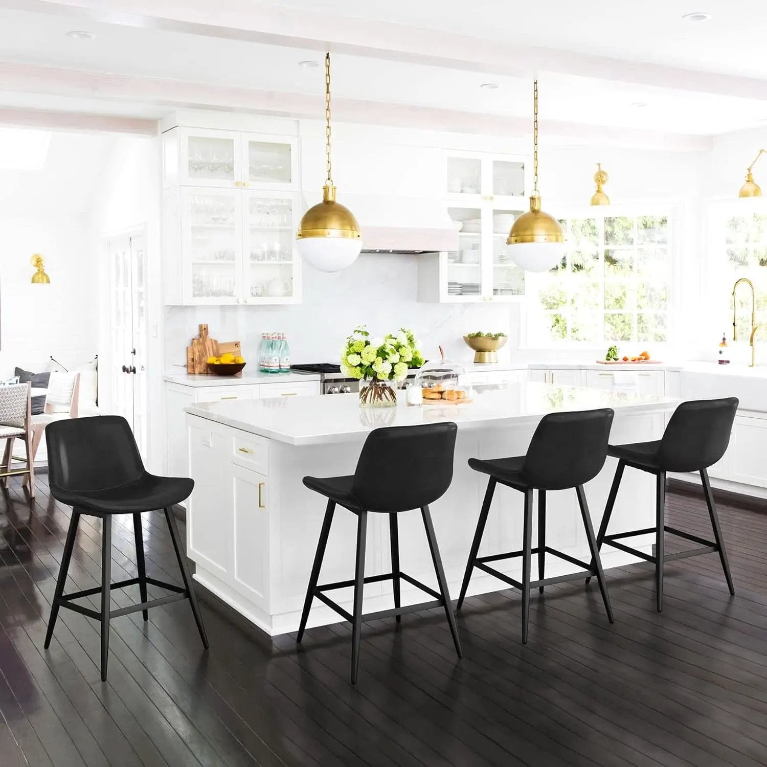 24 Inch Modern Bucket Bar Stool Set Of 3 With Back And Footrest In Faux Leather Black from PriceLows™