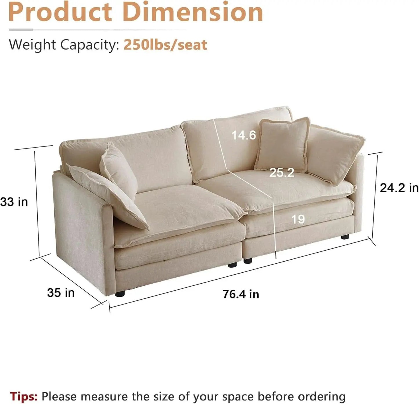 Chenille 76 Inch Loveseat Sofa Light Coffee Armrest Pillows from PriceLows™