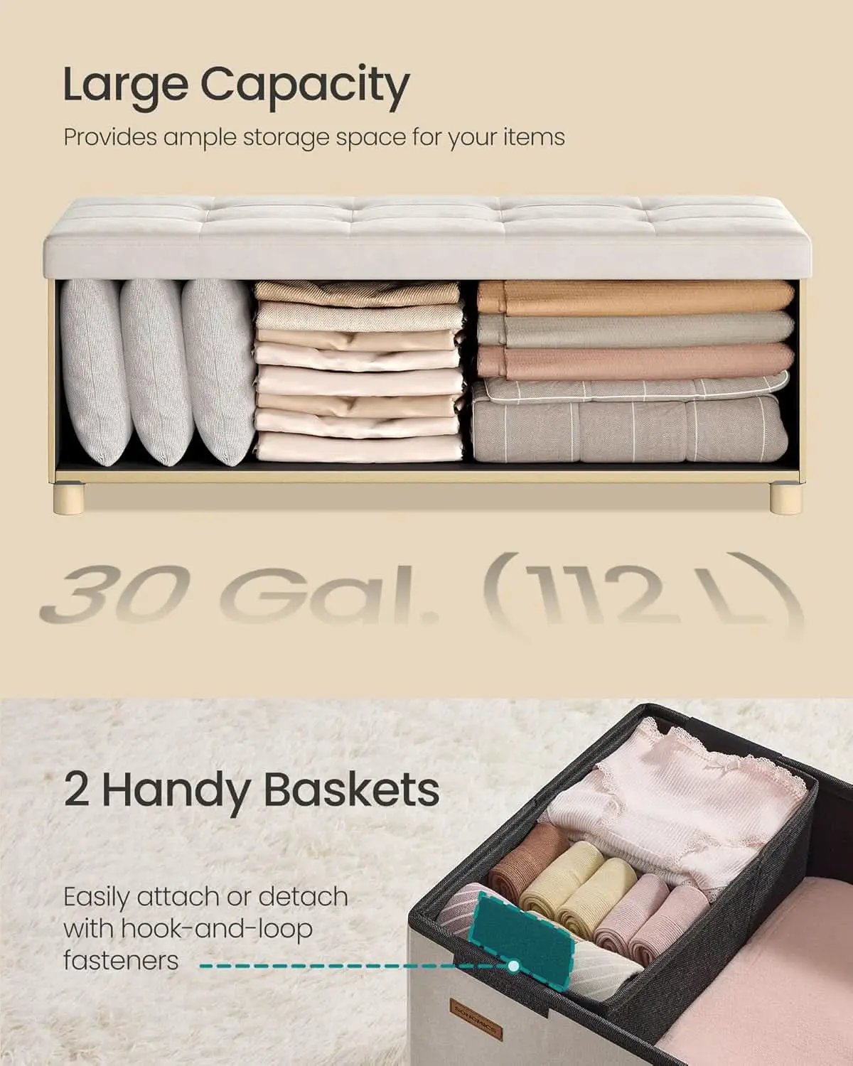 Cappuccino Beige Velvet Storage Ottoman Bench Folding from PriceLows™