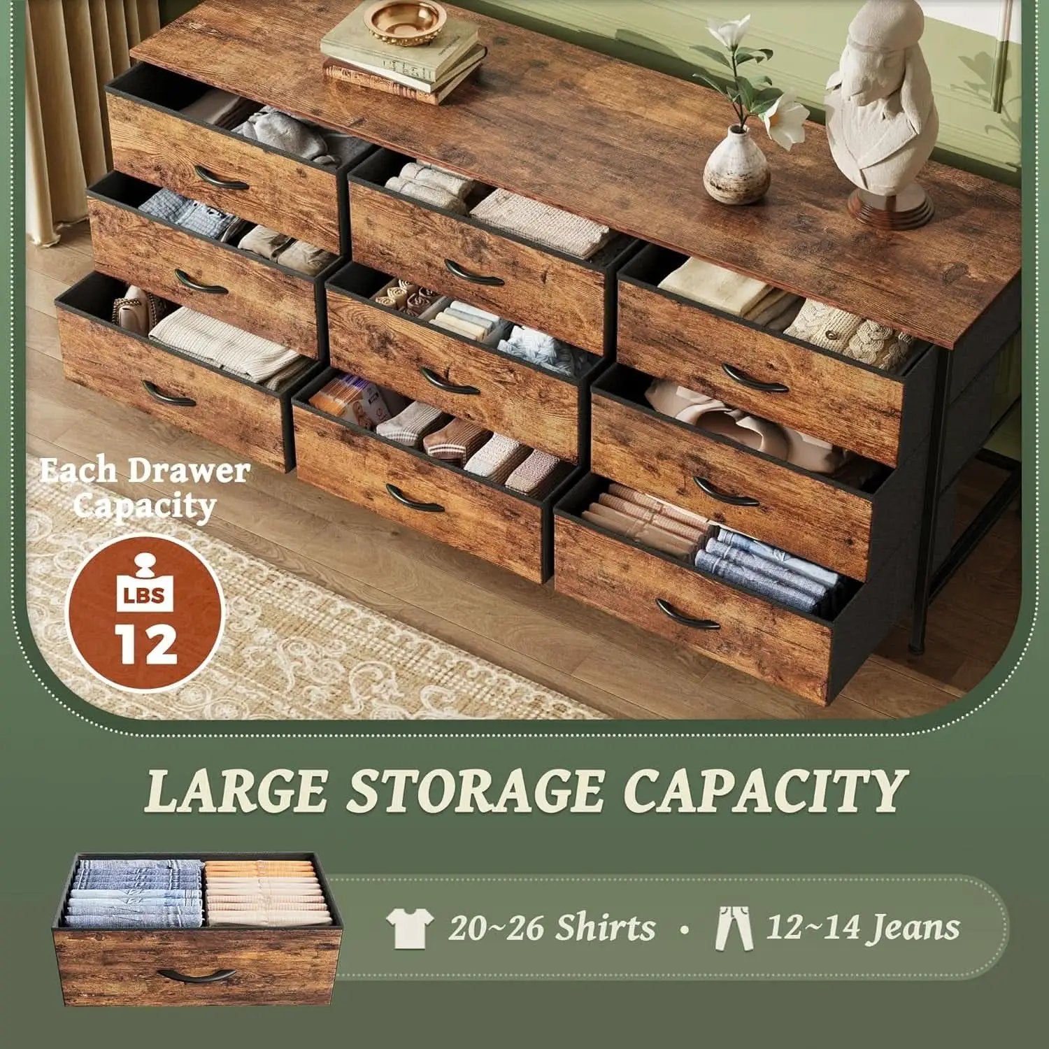 55 Inch Dresser TV Stand With 9 Fabric Drawers Rustic Brown from PriceLows™