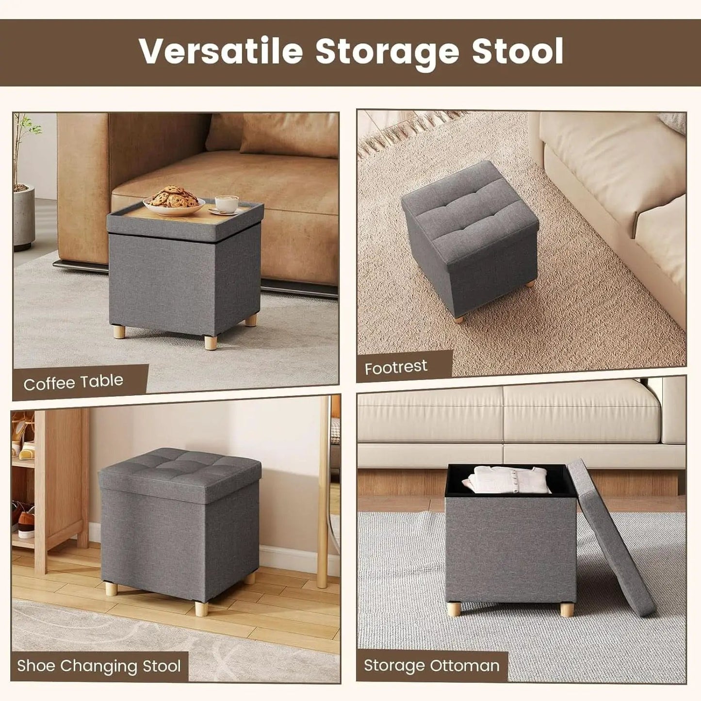 Linen Fabric Storage Ottoman Cube With Tray Lid Elevated Legs 18 Inch from PriceLows™