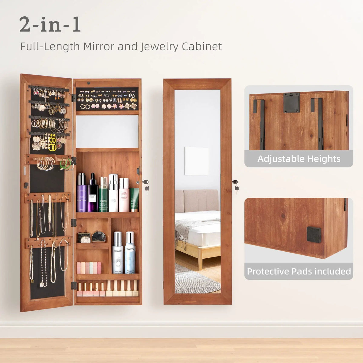 Jewelry Armoire With Full Length Mirror | Lockable Wall Mounted Cabinet | LED Light | Over The Door Use
