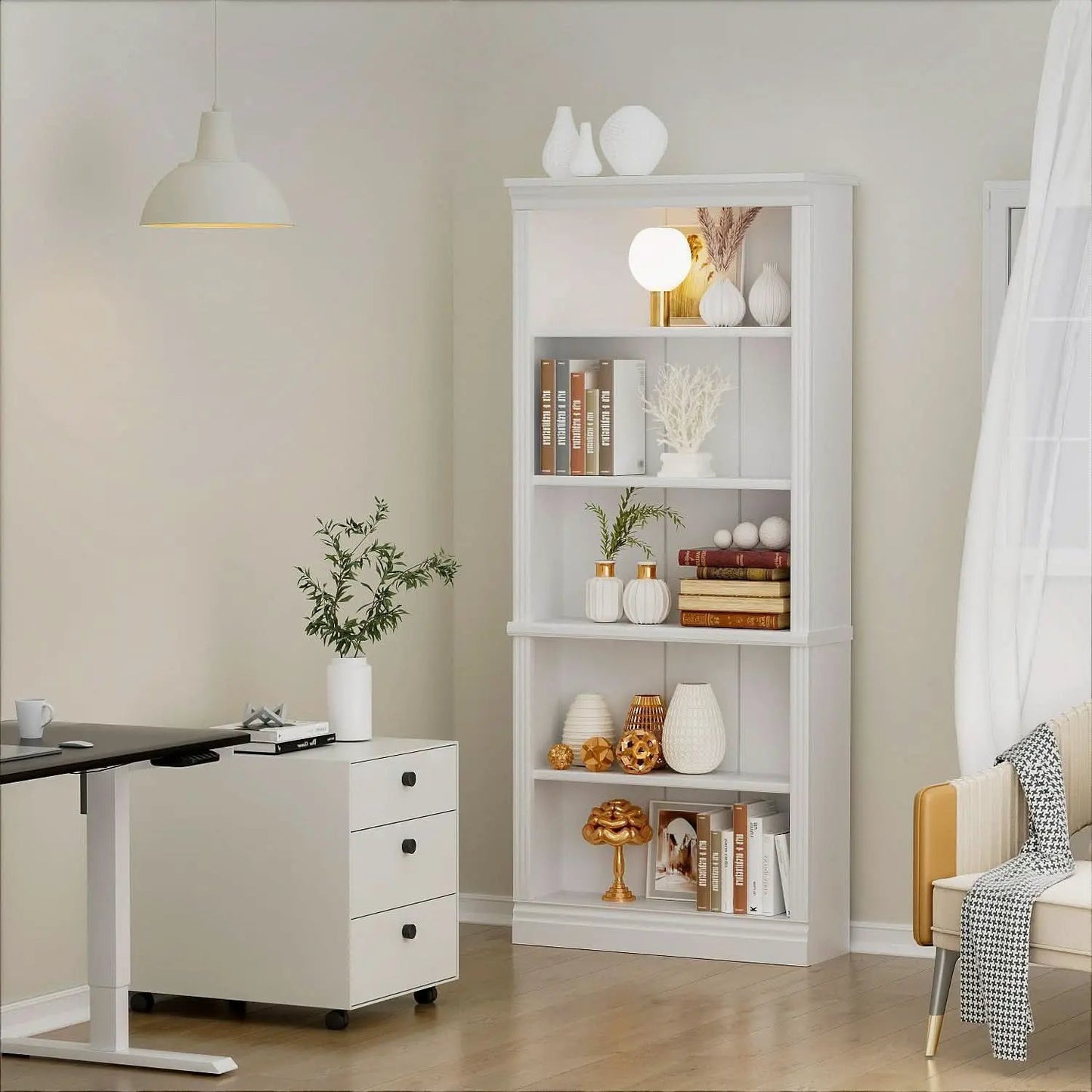 5-Shelf Bookcase Wooden Standing Rack White Living Room from PriceLows™