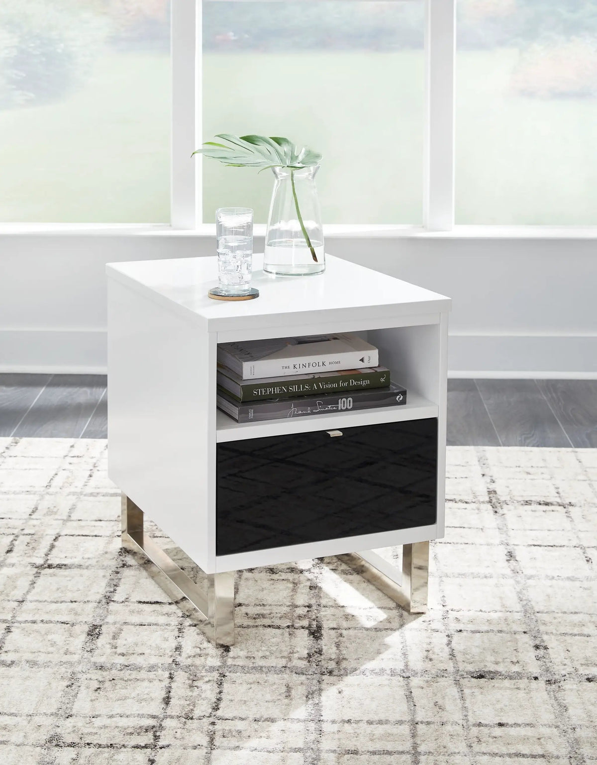 Chair Side End Table | USB Charging | Black Drawer | White Gloss Finish