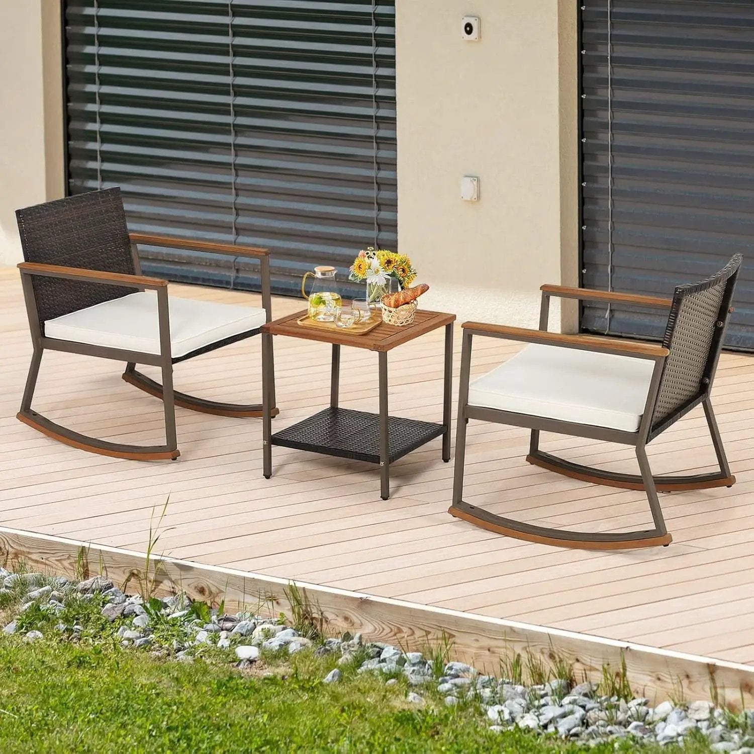 Three Piece Rocking Bistro Set With Cushions And Coffee Table For Outdoor Rattan Patio Off White from PriceLows™