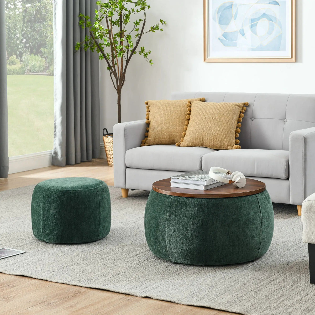 Round Storage Ottoman | Pleated Fabric | Removable Lid