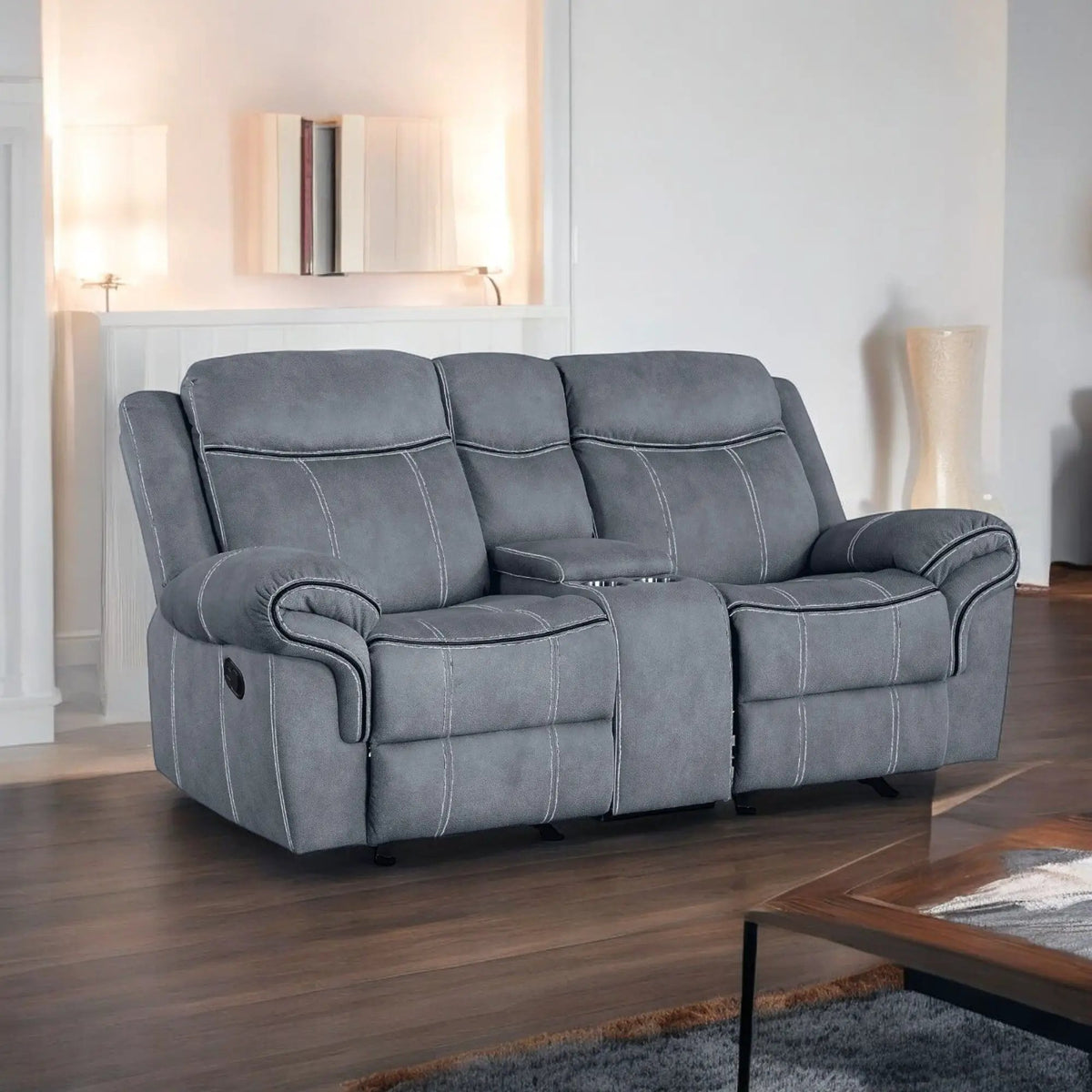 Zubaida Recliner Loveseat | Two-Tone Upholstery | USB Port Console | Glider Motion Reclining