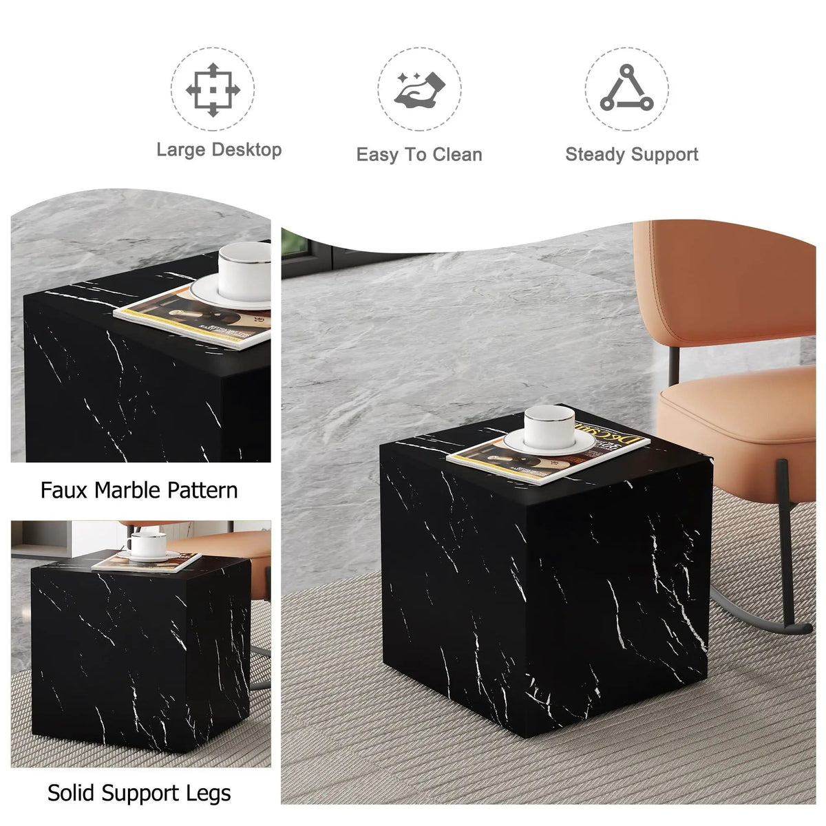 Luxurious Marble Texture Coffee Table Cube Design Elegant Living Room Accent - | 15.7 x 15.7 x 15.7 in | Marble & Mdf | Black