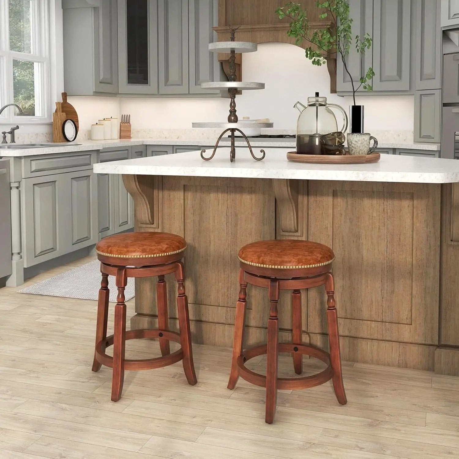 24 Inch Swivel Bar Stool Set Of 2 With Upholstered Seat And Rubber Wood Frame For Kitchen Island from PriceLows™