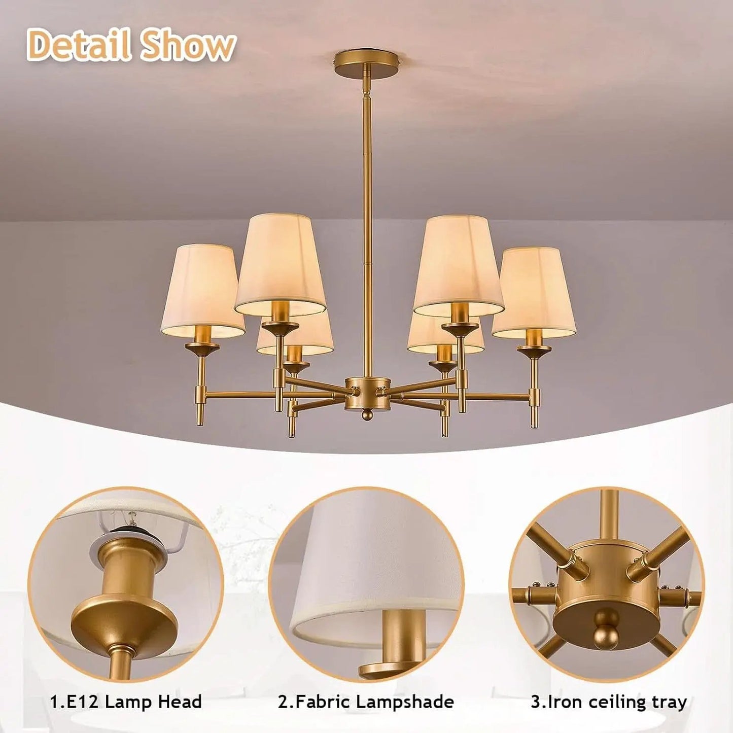 Gold Farmhouse Chandelier 6 Light Linen Shade Fixture from PriceLows™