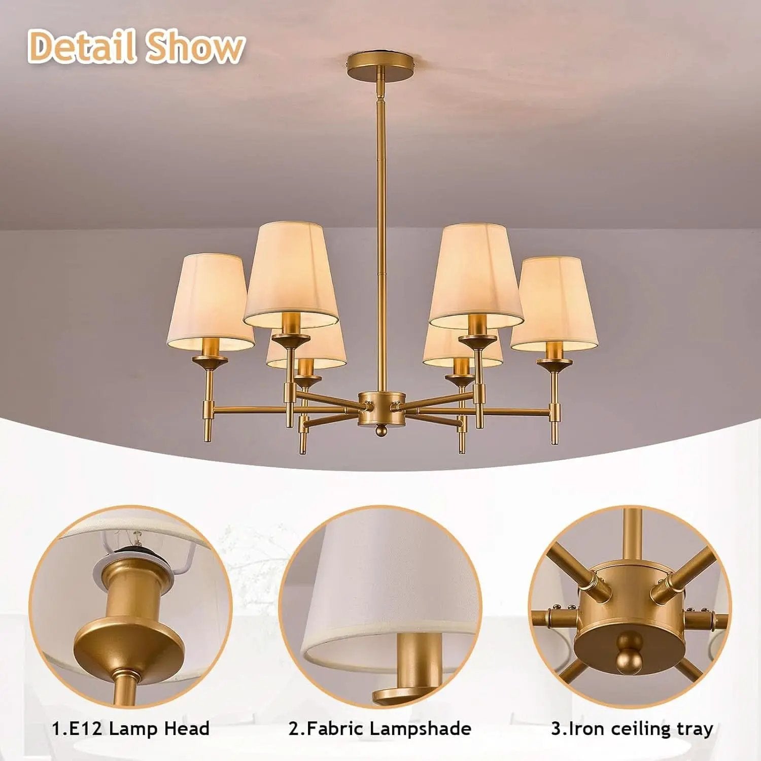 Gold Farmhouse Chandelier 6 Light Linen Shade Fixture from PriceLows™