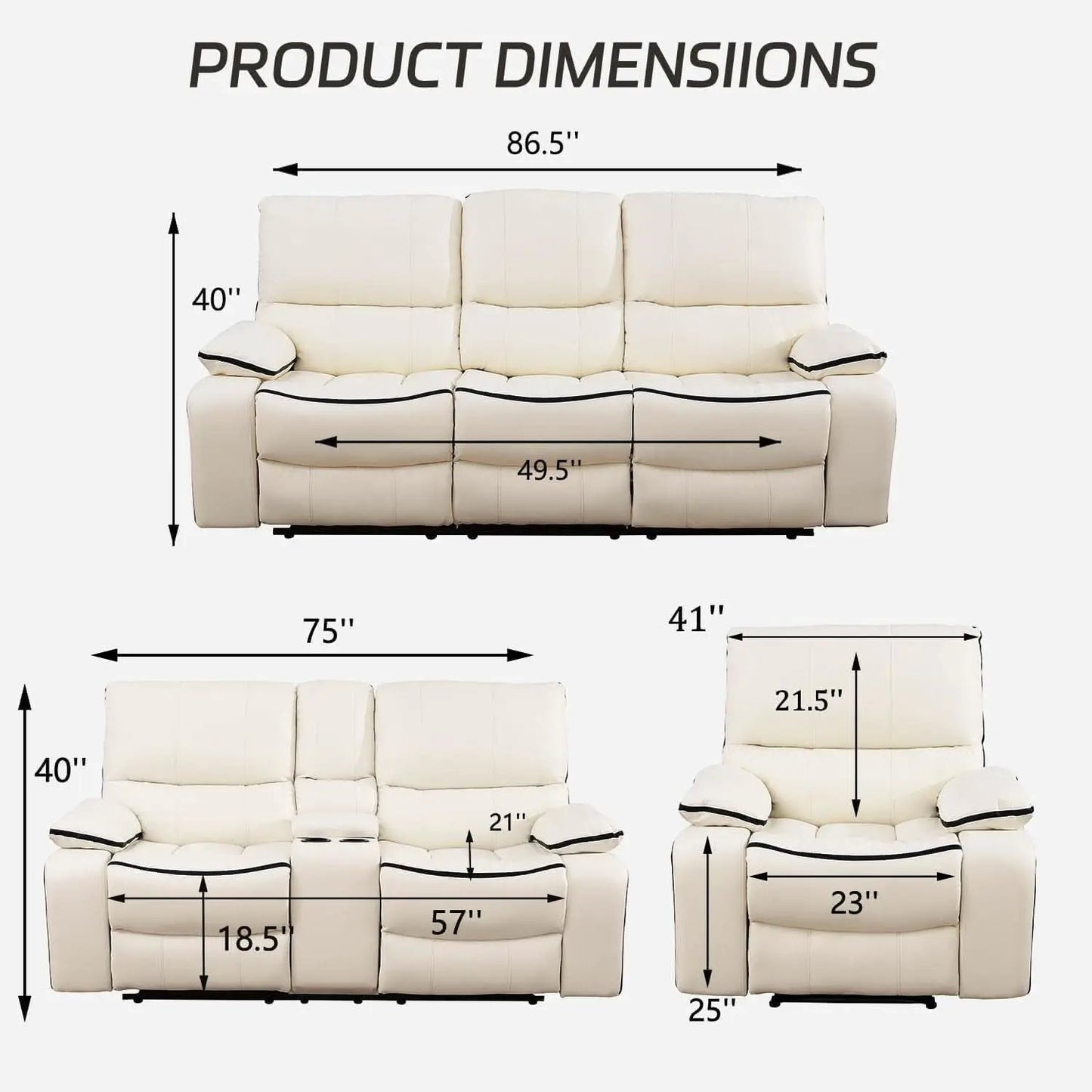 Creamy White Leather Recliner Sofa Set With Storage Console from PriceLows™
