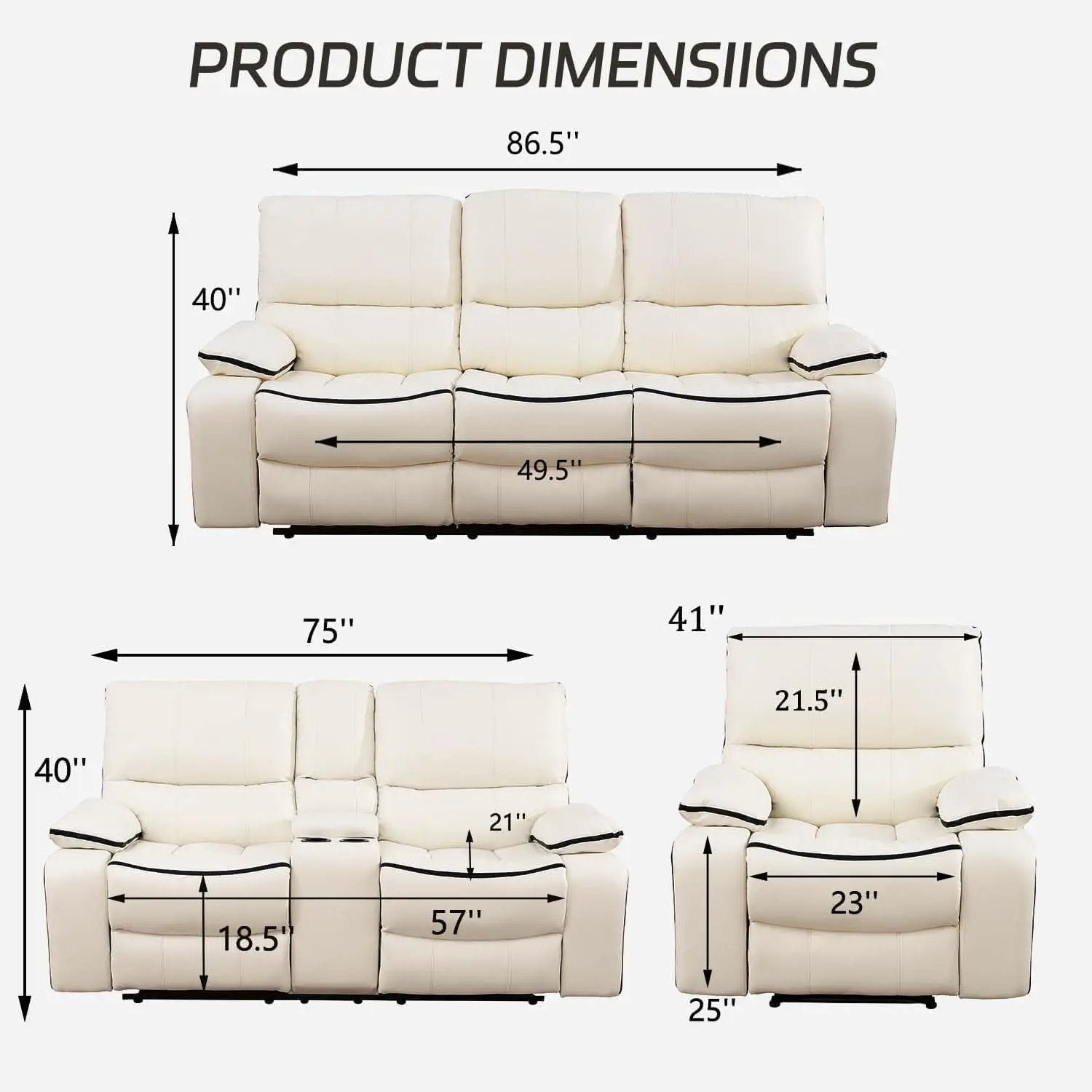 Creamy White Leather Recliner Sofa Set With Storage Console from PriceLows™