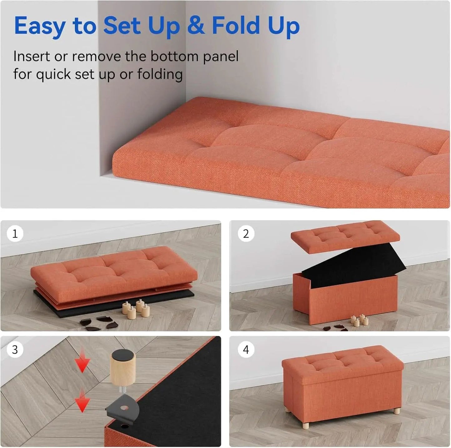 30 Inch Folding Storage Ottoman Bench Bright Orange from PriceLows™
