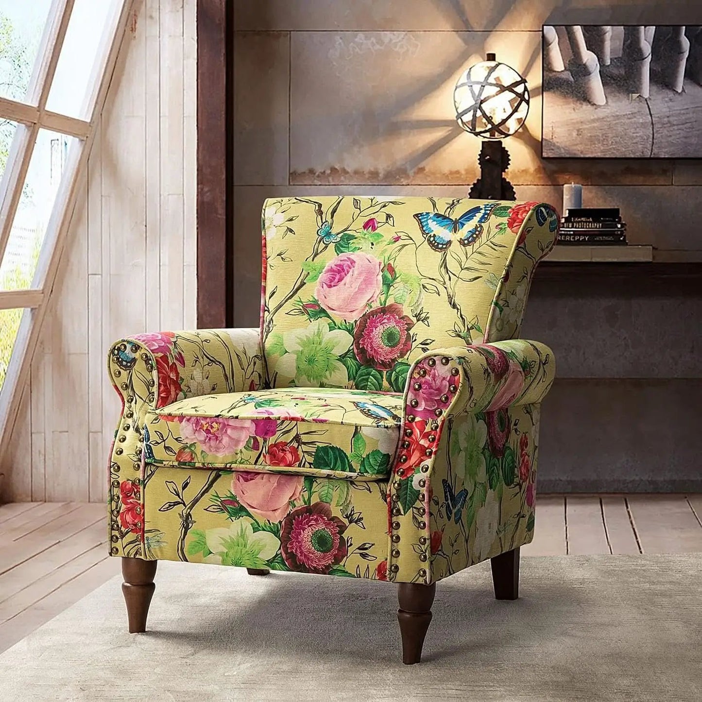 Mustard Floral Wingback Accent Chair With Solid Wood Legs from PriceLows™