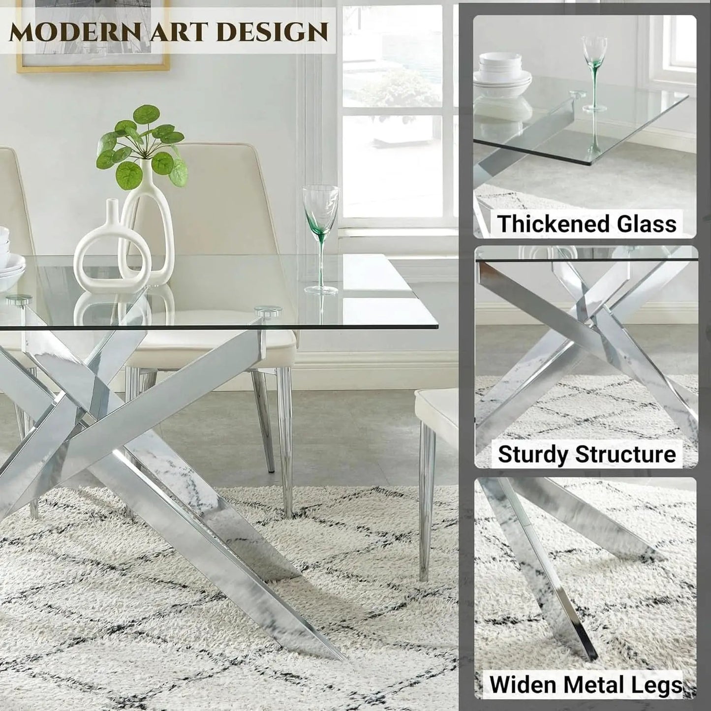 58.5 Inch Rectangular Glass Dining Table With Silver Finish from PriceLows™