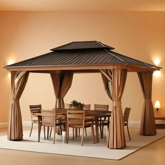 11x13 Wood Gazebo With Durable Outdoor Galvanized Steel Roof Netting And Curtains In Brown from PriceLows™