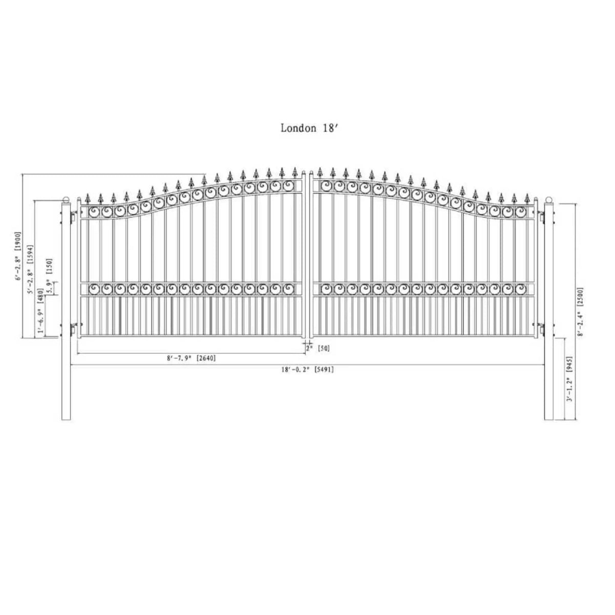 Heavy-Duty London-Style Powder-Coated Galvanized Steel Dual-Swing Driveway Gate | Steel | Home Use | Home