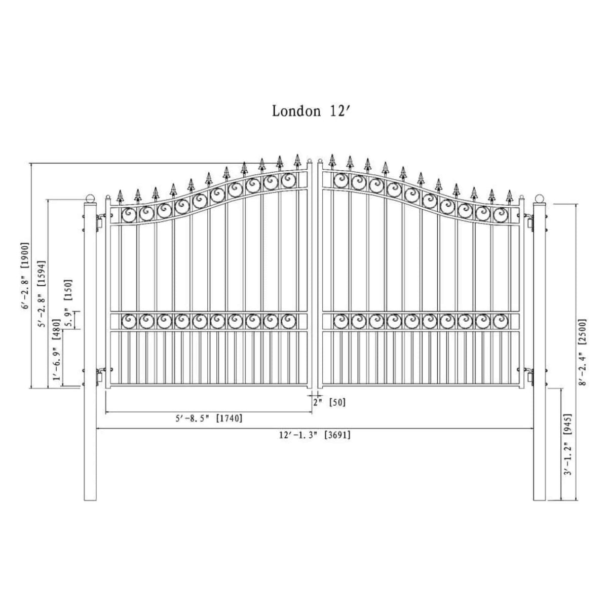 Heavy-Duty London-Style Powder-Coated Galvanized Steel Dual-Swing Driveway Gate | Steel | Home Use | Home
