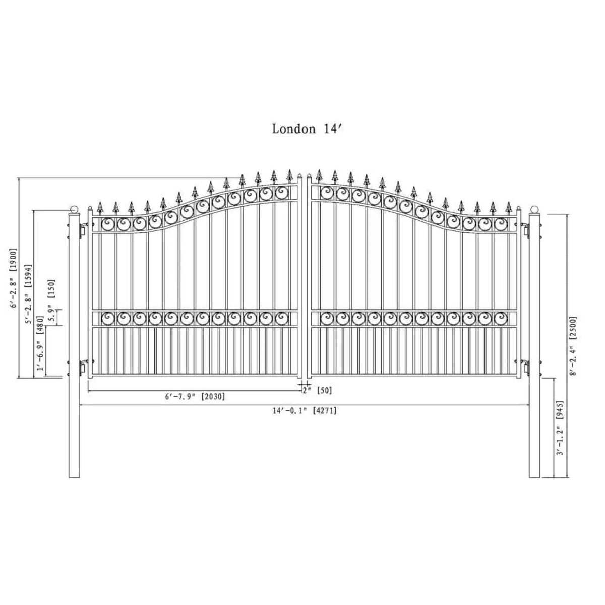 Heavy-Duty London-Style Powder-Coated Galvanized Steel Dual-Swing Driveway Gate | Steel | Home Use | Home
