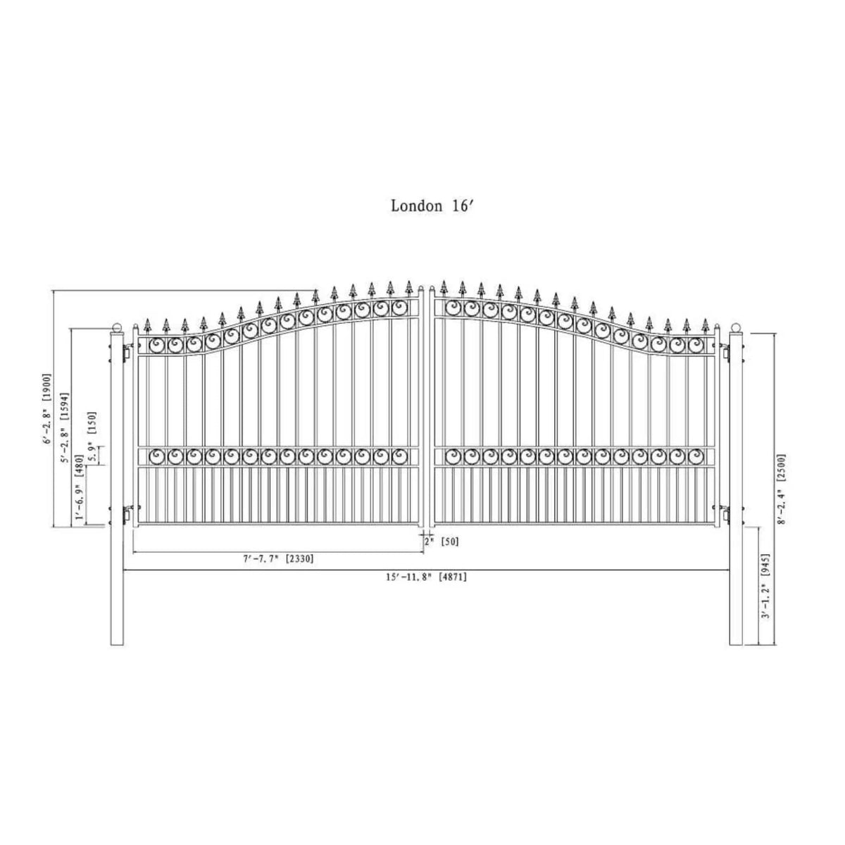 Heavy-Duty London-Style Powder-Coated Galvanized Steel Dual-Swing Driveway Gate | Steel | Home Use | Home